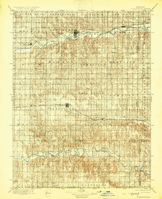Historic 1896 Plainville Kansas 30'x30' Topo Map Image