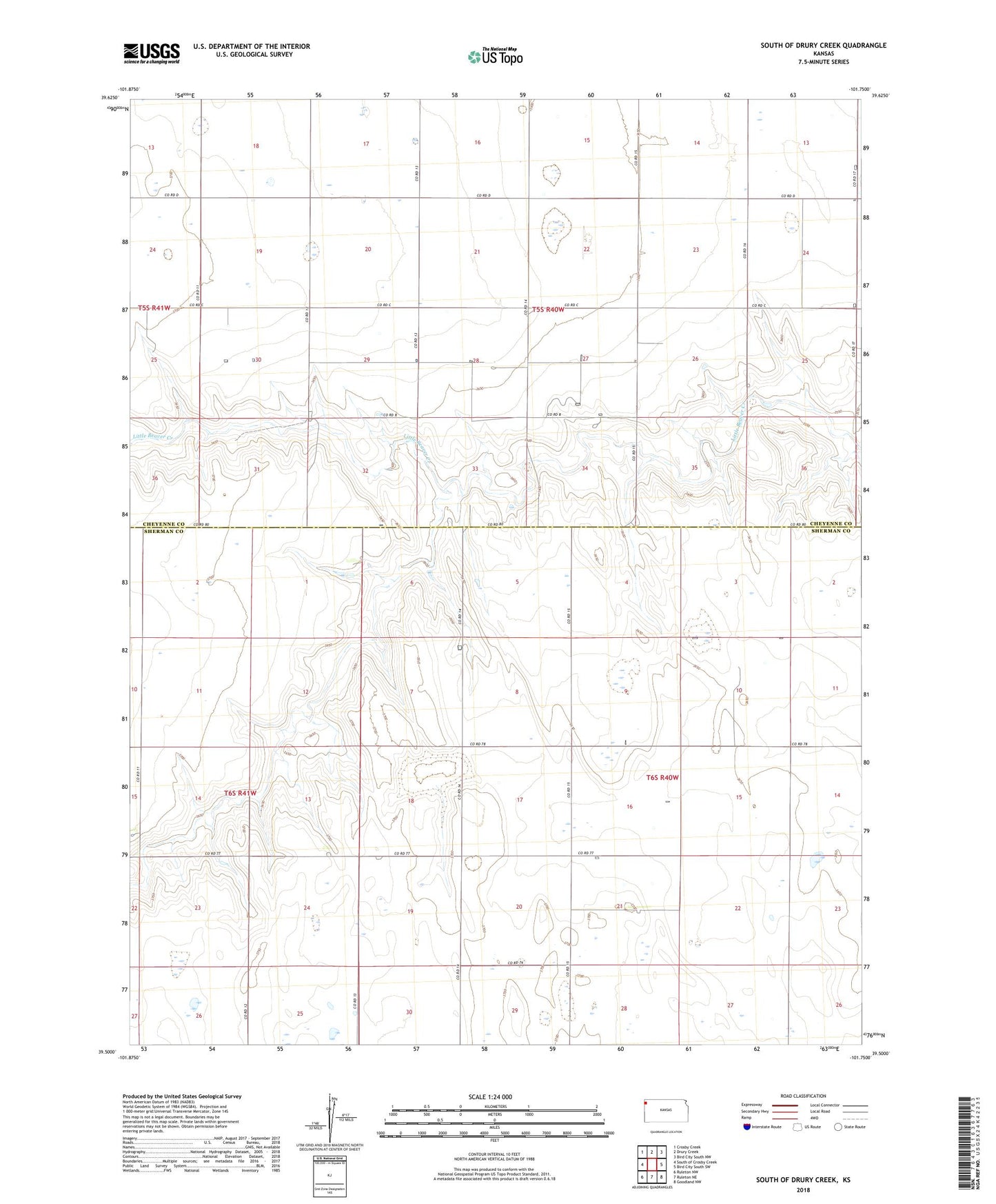 South of Drury Creek Kansas US Topo Map Image