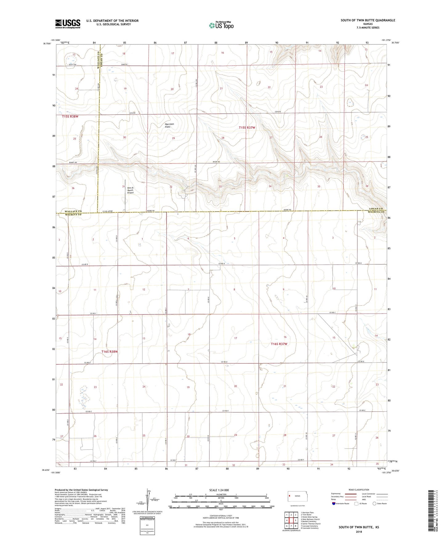 South of Twin Butte Kansas US Topo Map Image