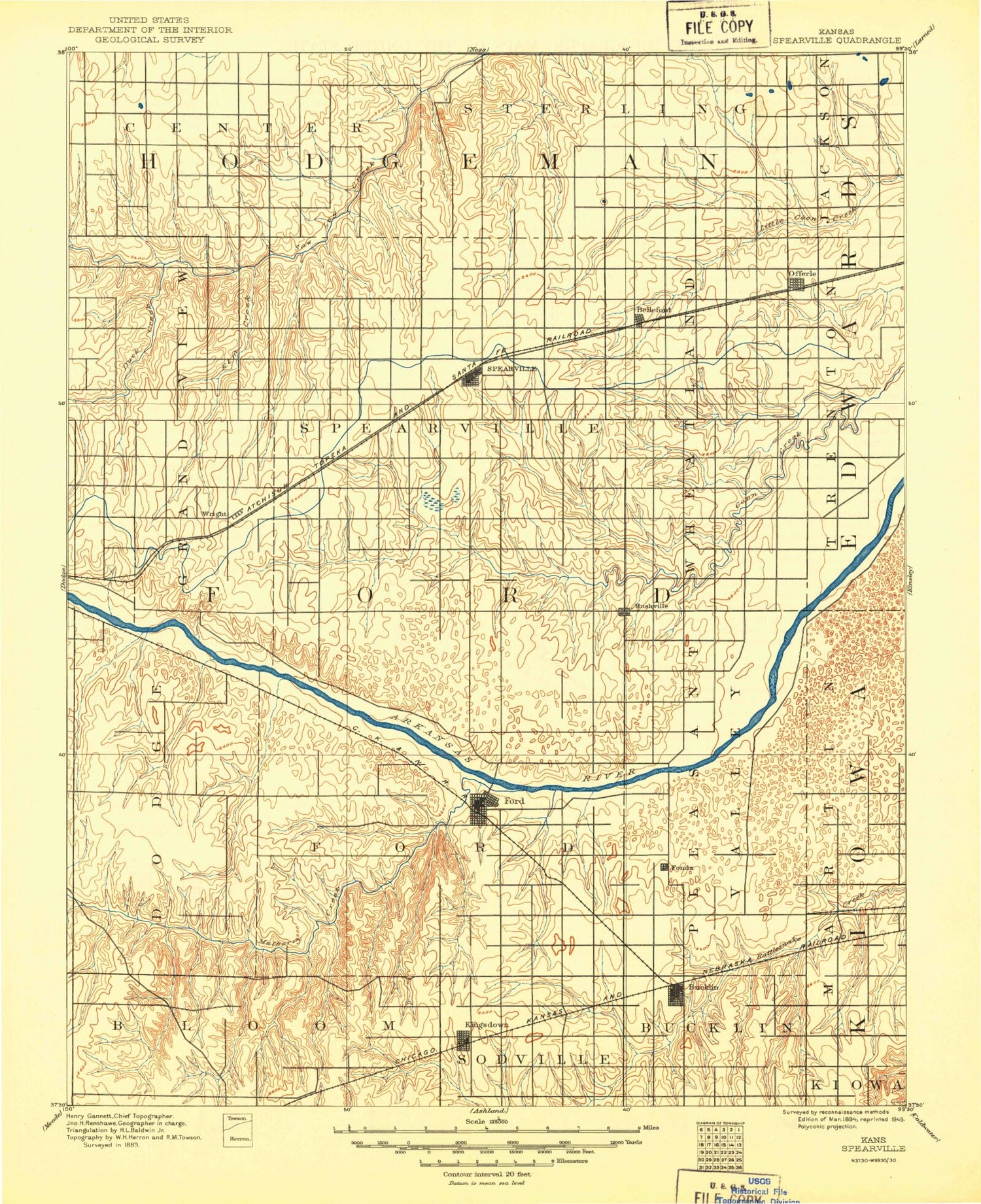 Historic 1894 Spearville Kansas 30'x30' Topo Map Image
