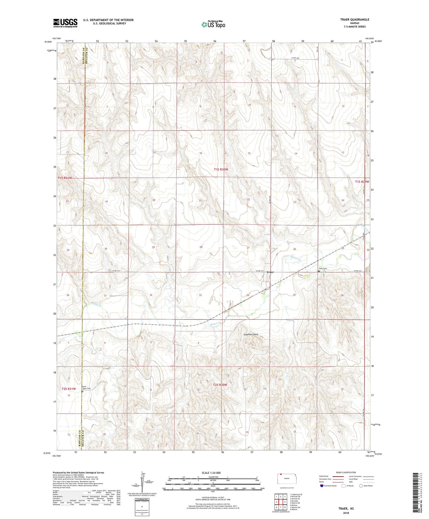 Traer Kansas US Topo Map Image