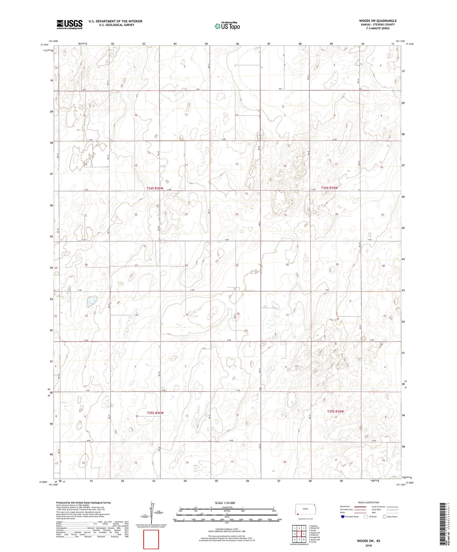 Woods SW Kansas US Topo Map Image