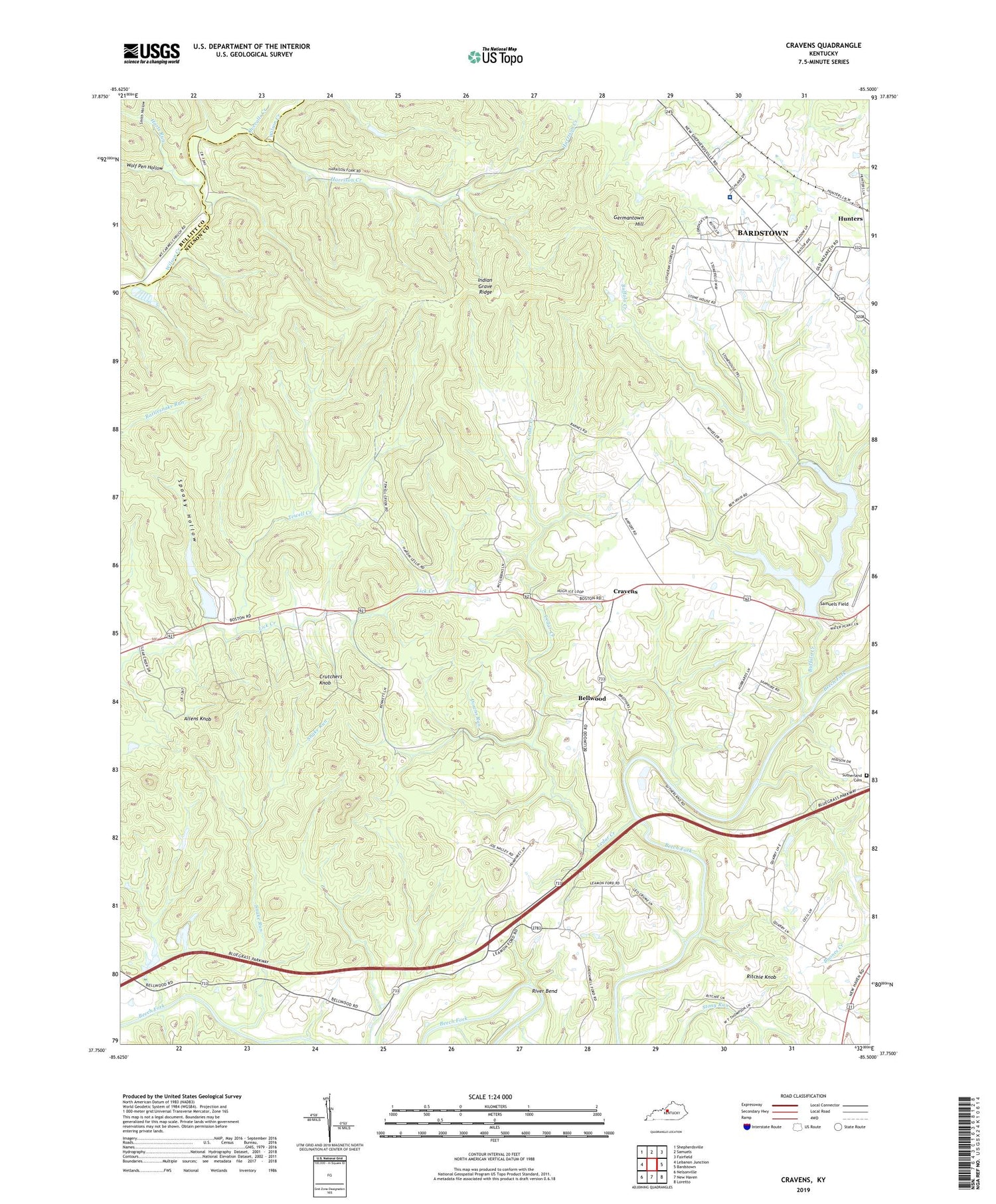 Cravens Kentucky US Topo Map Image