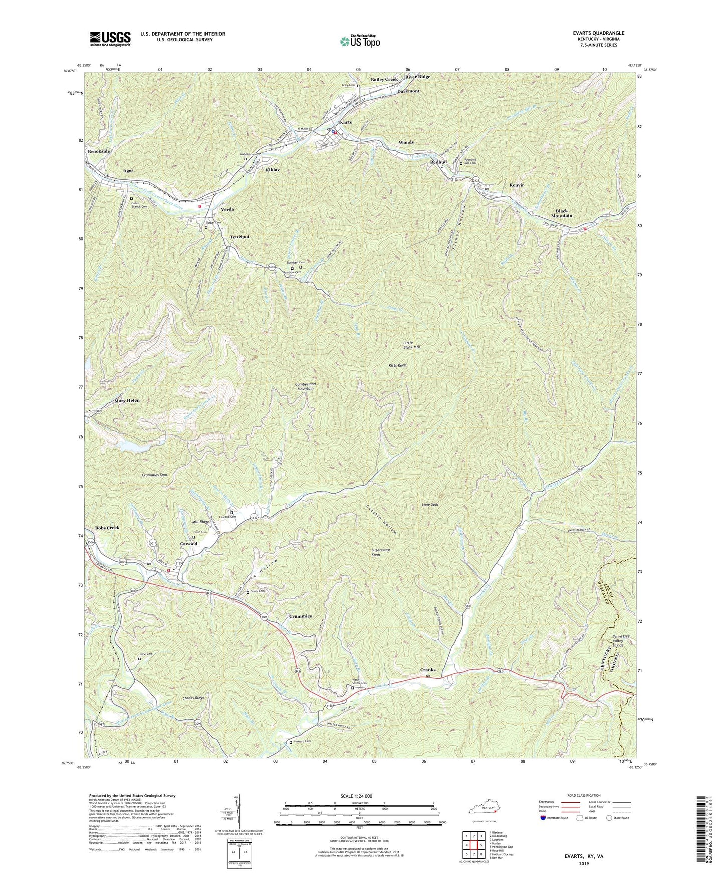 Evarts Kentucky US Topo Map Image