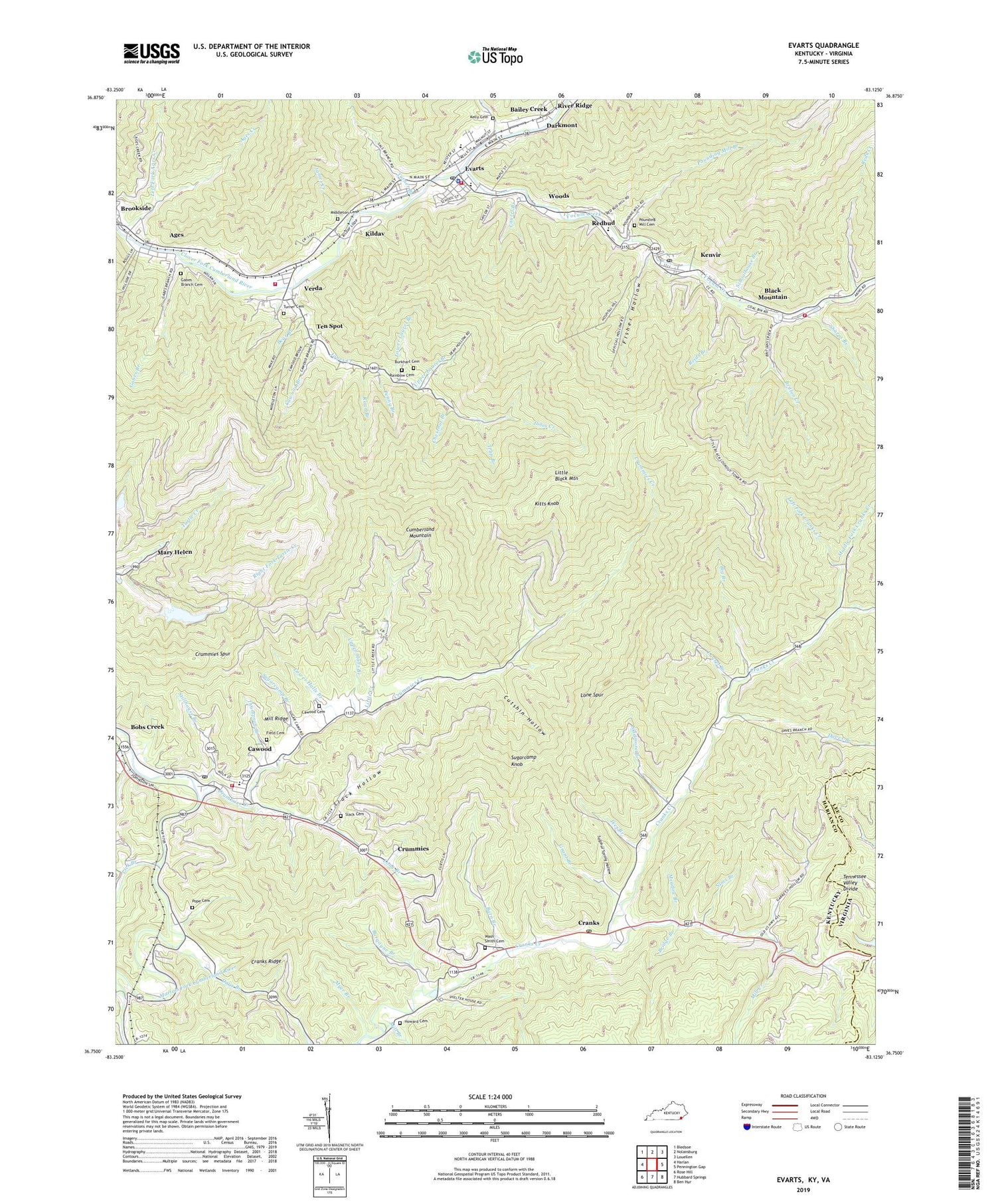 Evarts Kentucky US Topo Map Image