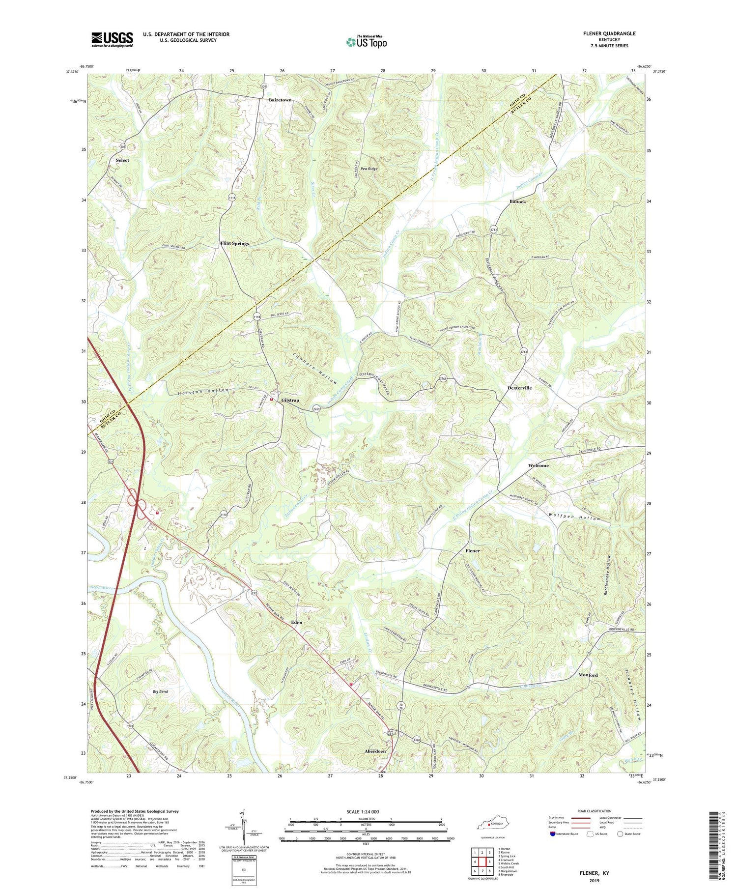 Flener Kentucky US Topo Map Image