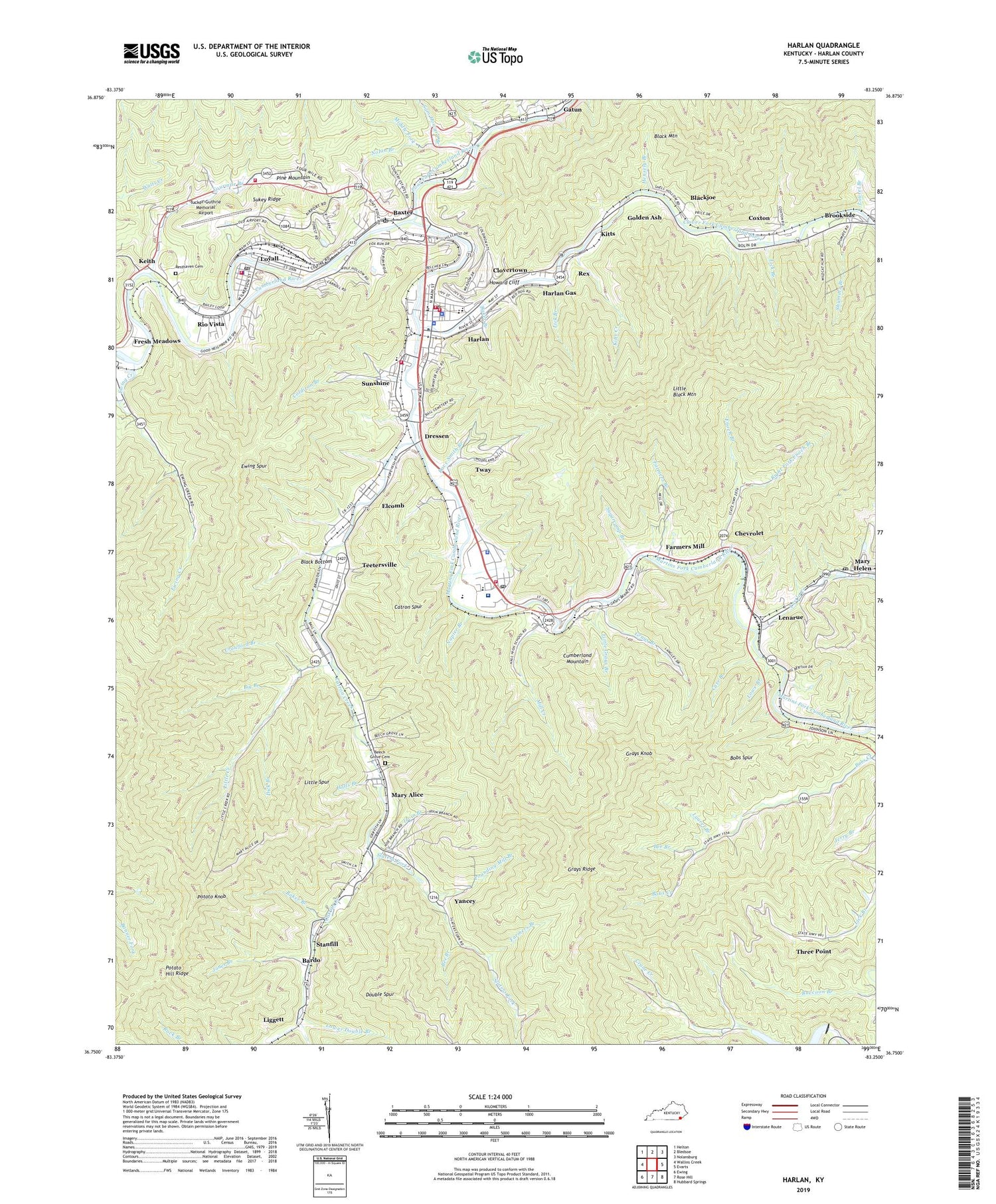 Harlan Kentucky US Topo Map Image