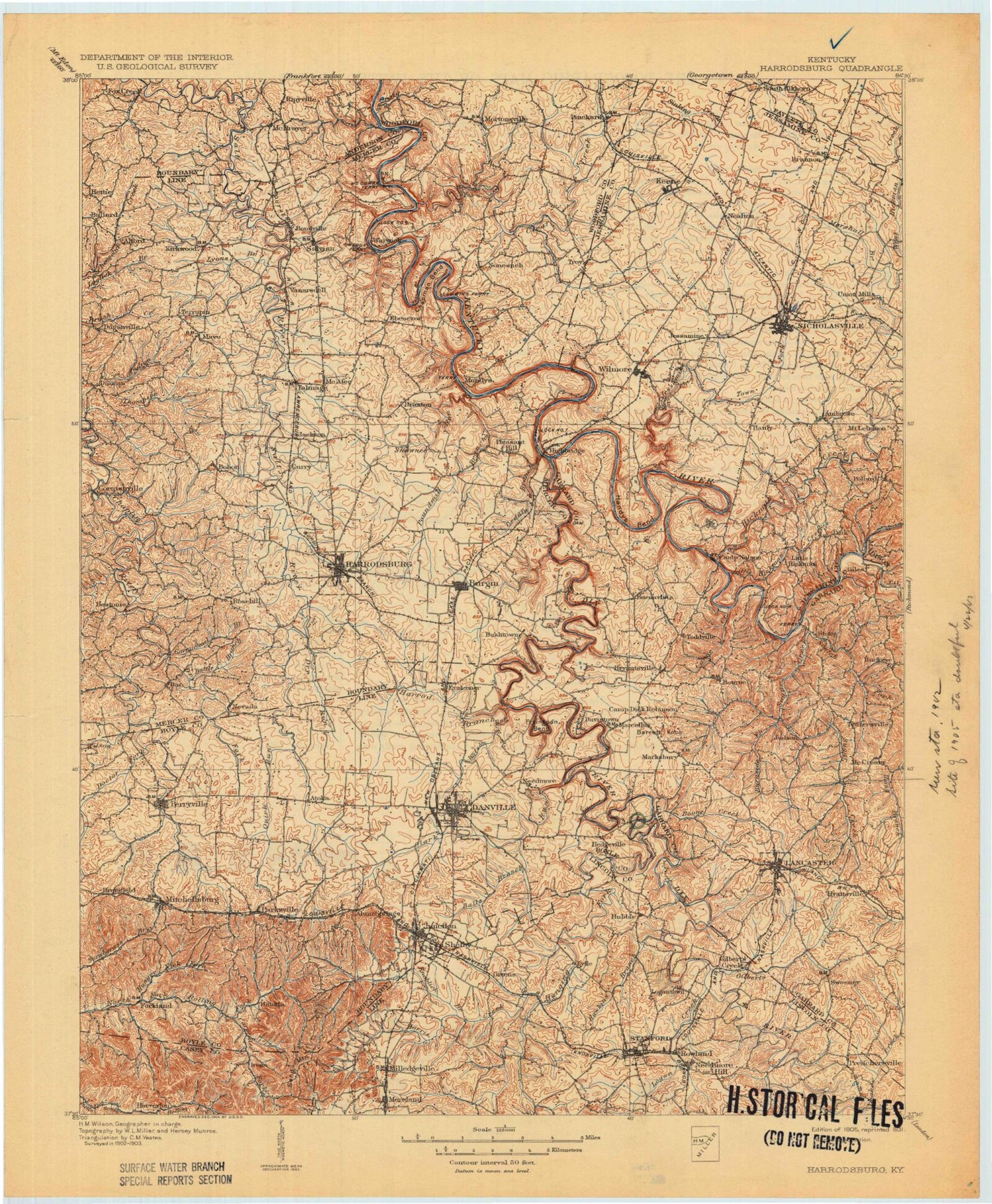 Historic 1905 Harrodsburg Kentucky 30'x30' Topo Map Image