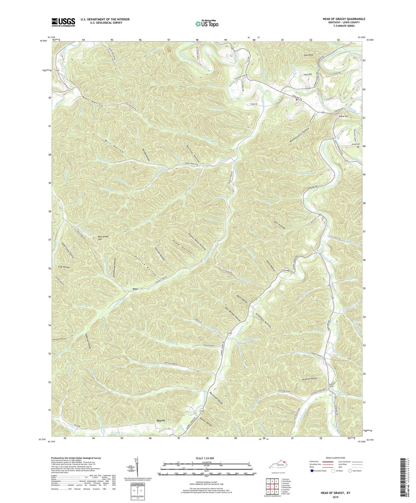 Head of Grassy Kentucky US Topo Map Image
