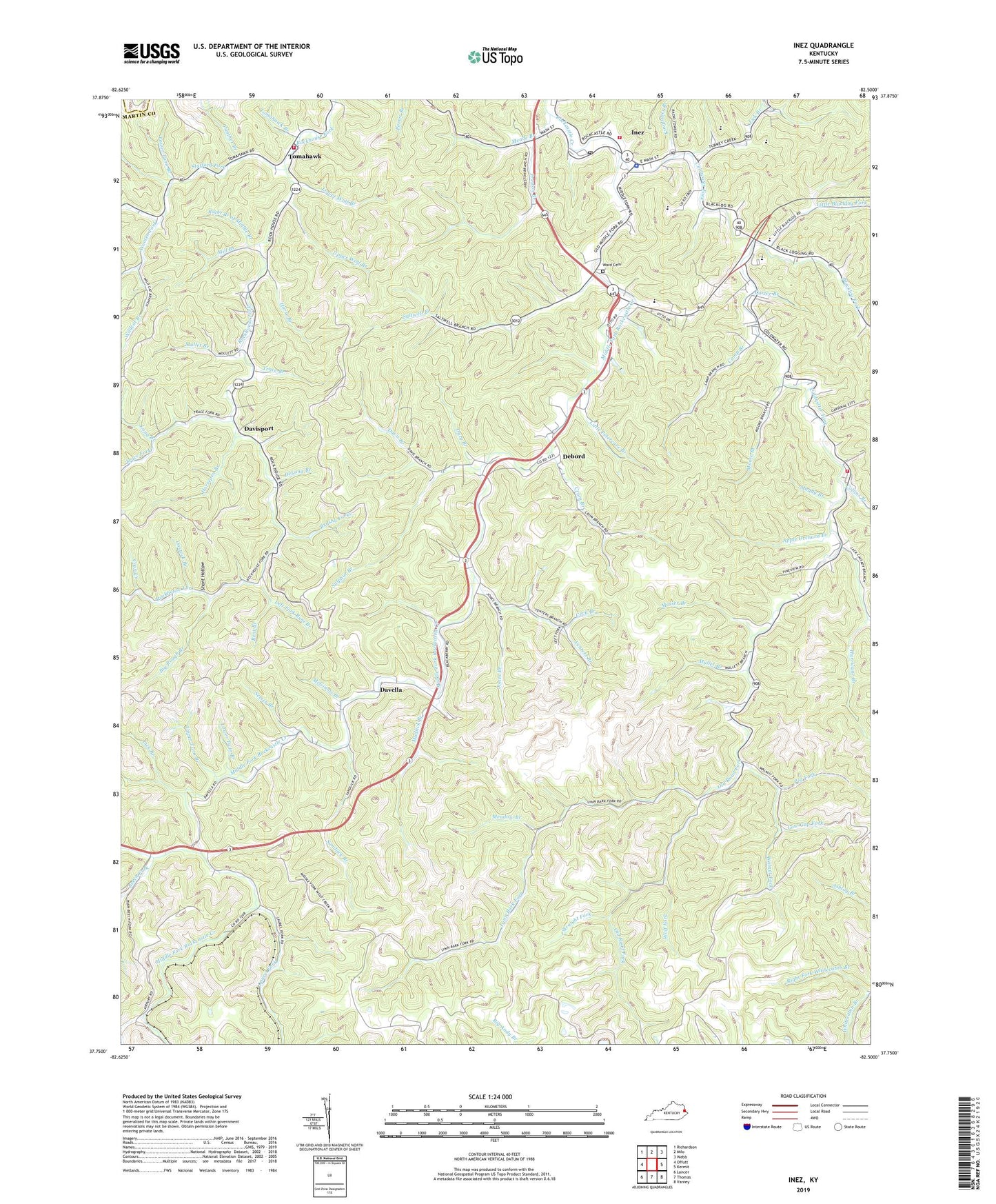 Inez Kentucky US Topo Map Image