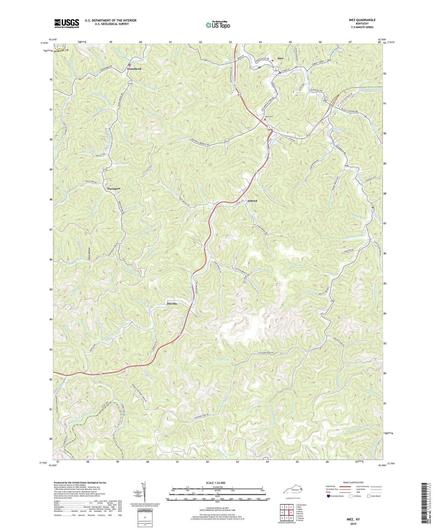 Inez Kentucky US Topo Map Image