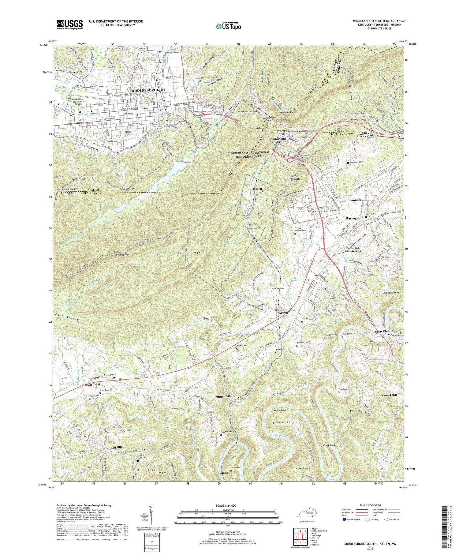 Middlesboro South Kentucky US Topo Map Image