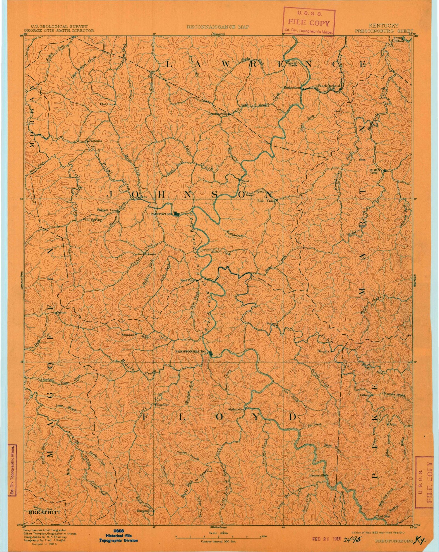 Historic 1892 Prestonsburg Kentucky 30'x30' Topo Map Image
