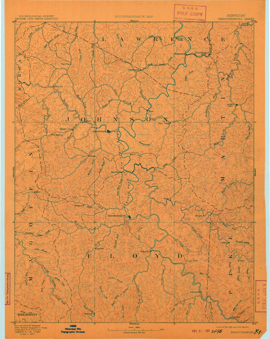 Historic 1892 Prestonsburg Kentucky 30'x30' Topo Map Image