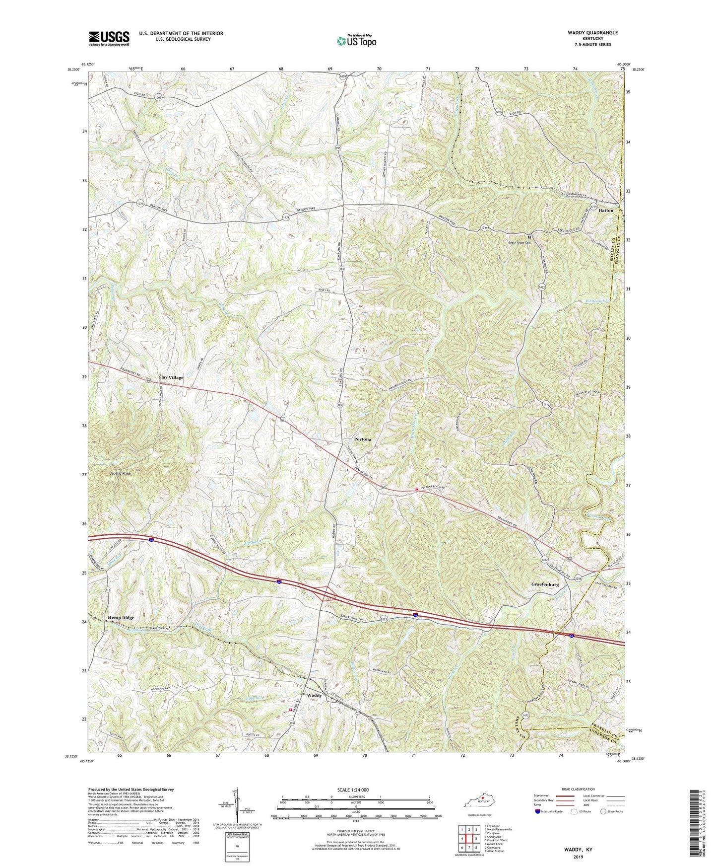 Waddy Kentucky US Topo Map Image