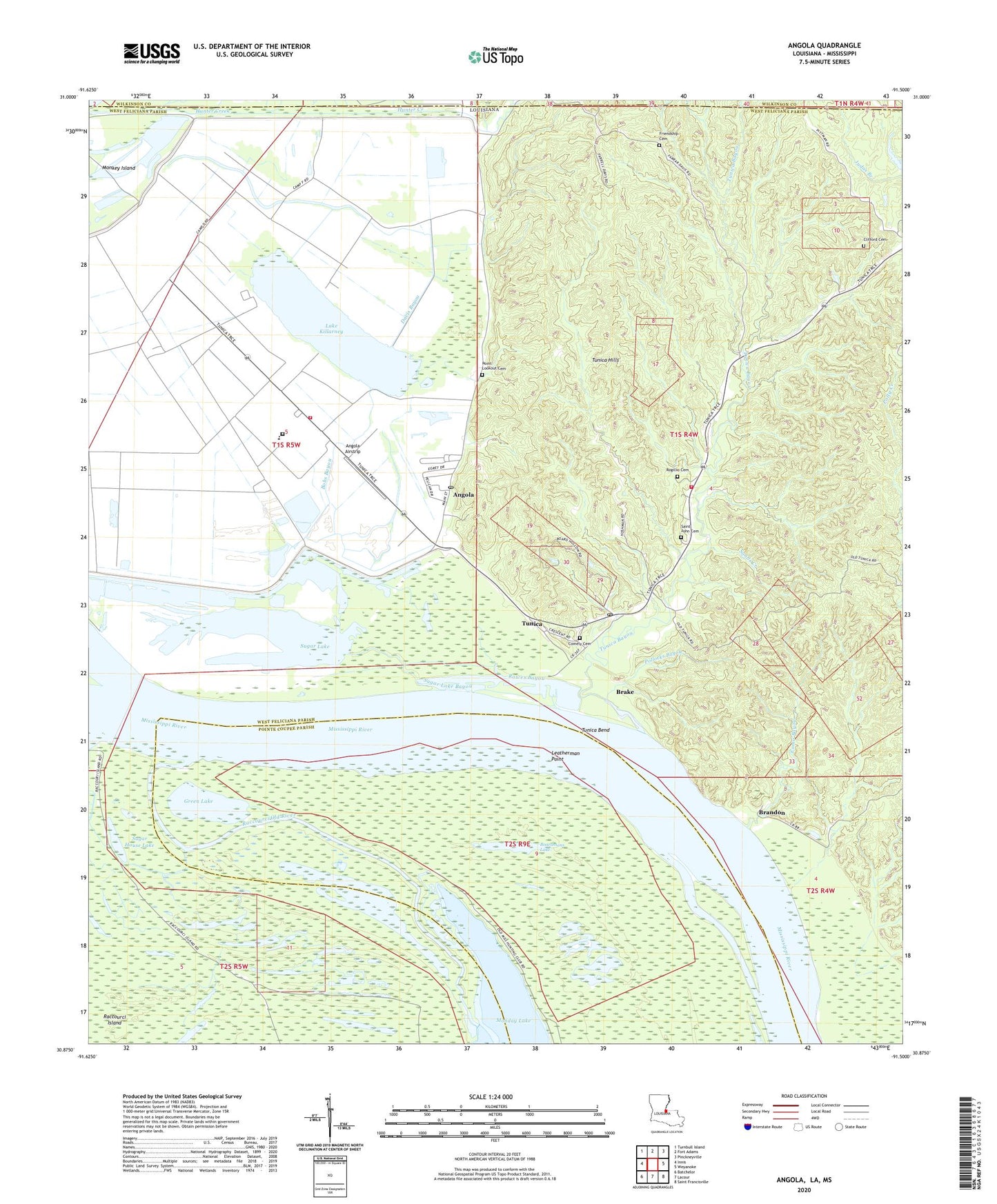 Angola Louisiana US Topo Map Image