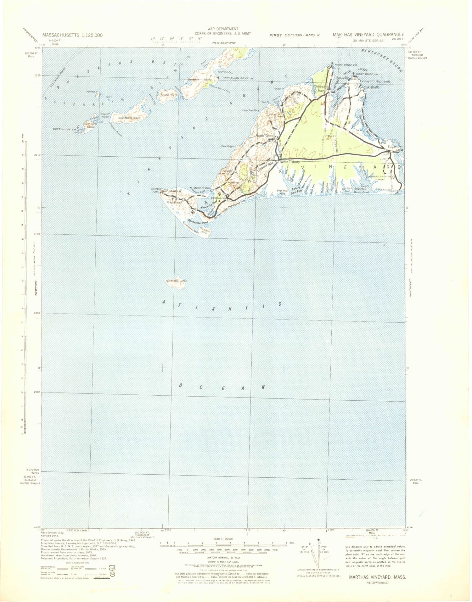 Historic 1942 Marthas Vineyard Massachusetts 30'x30' Topo Map Image