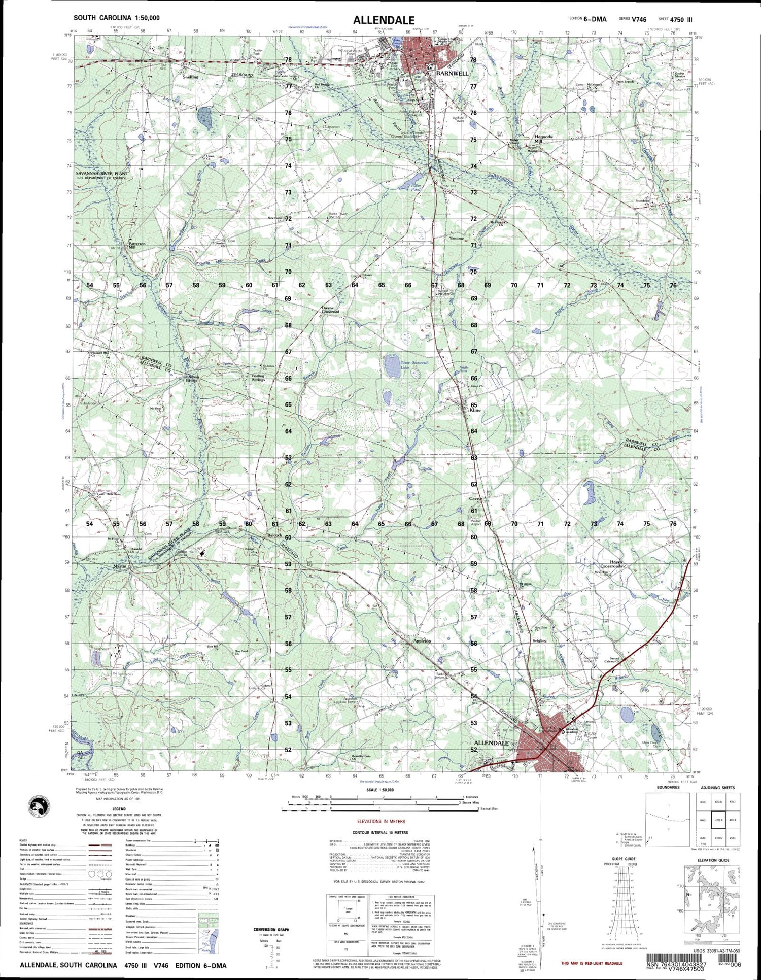 Allendale South Carolina Military 1:50,000 Map