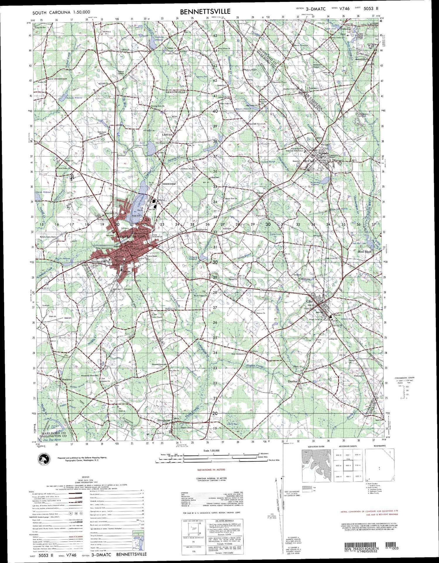 Bennettsville South Carolina Military 1:50,000 Map