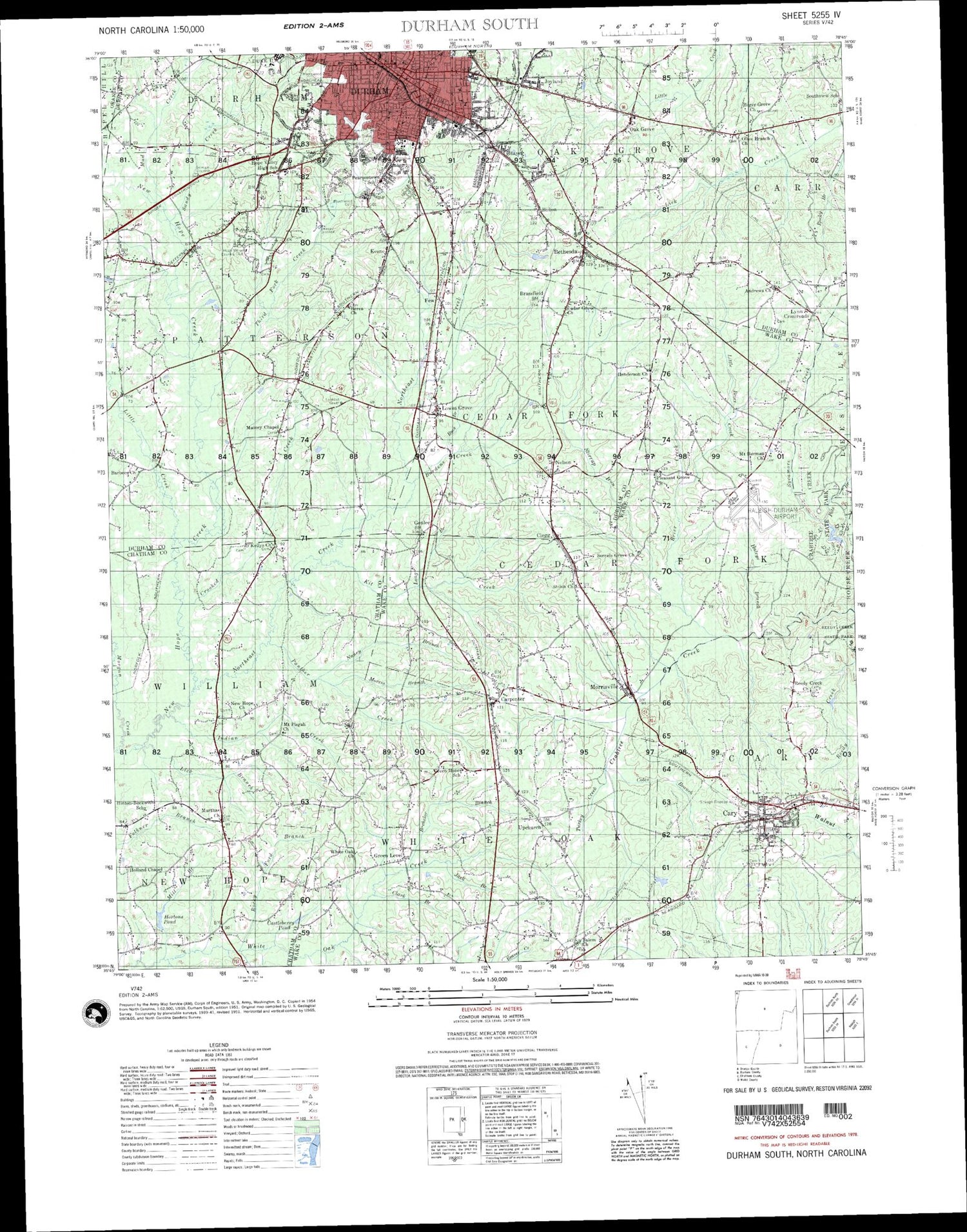 Durham South North Carolina Military 1:50,000 Map