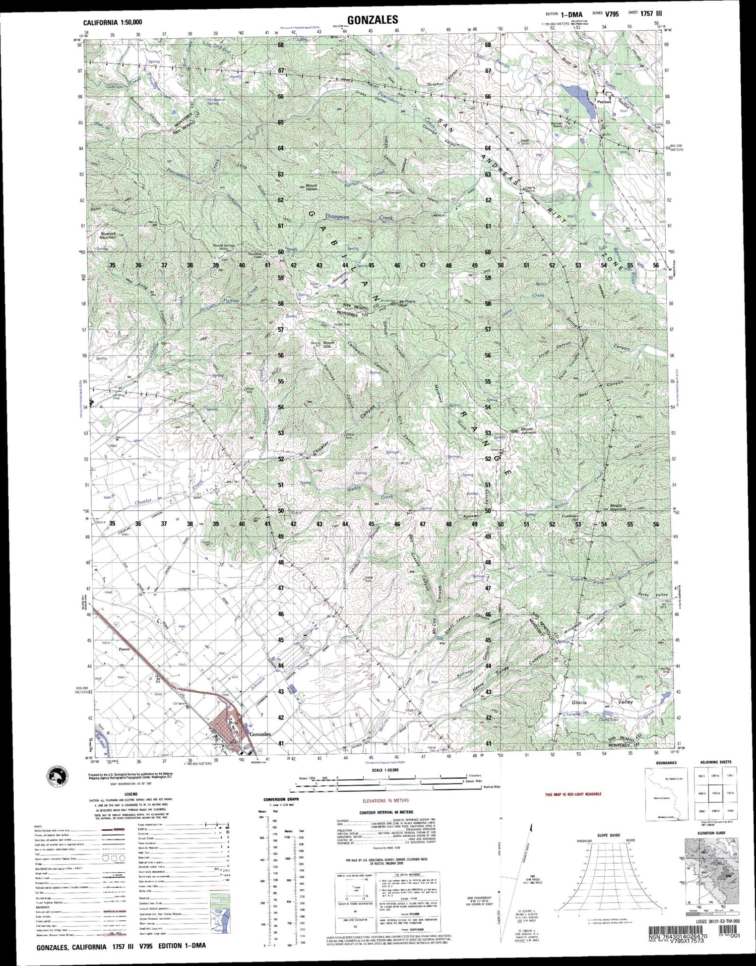 Gonzales California Military 1:50,000 Map