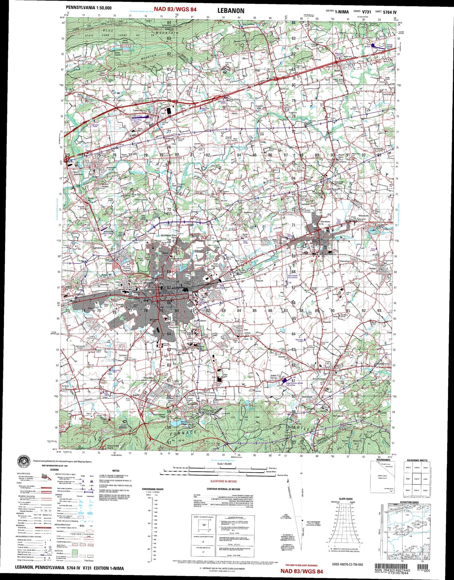 Lebanon Pennsylvania Military 1:50,000 Map