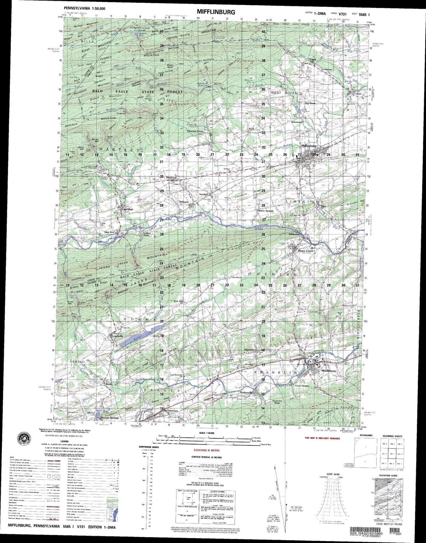 Mifflinburg Pennsylvania Military 1:50,000 Map