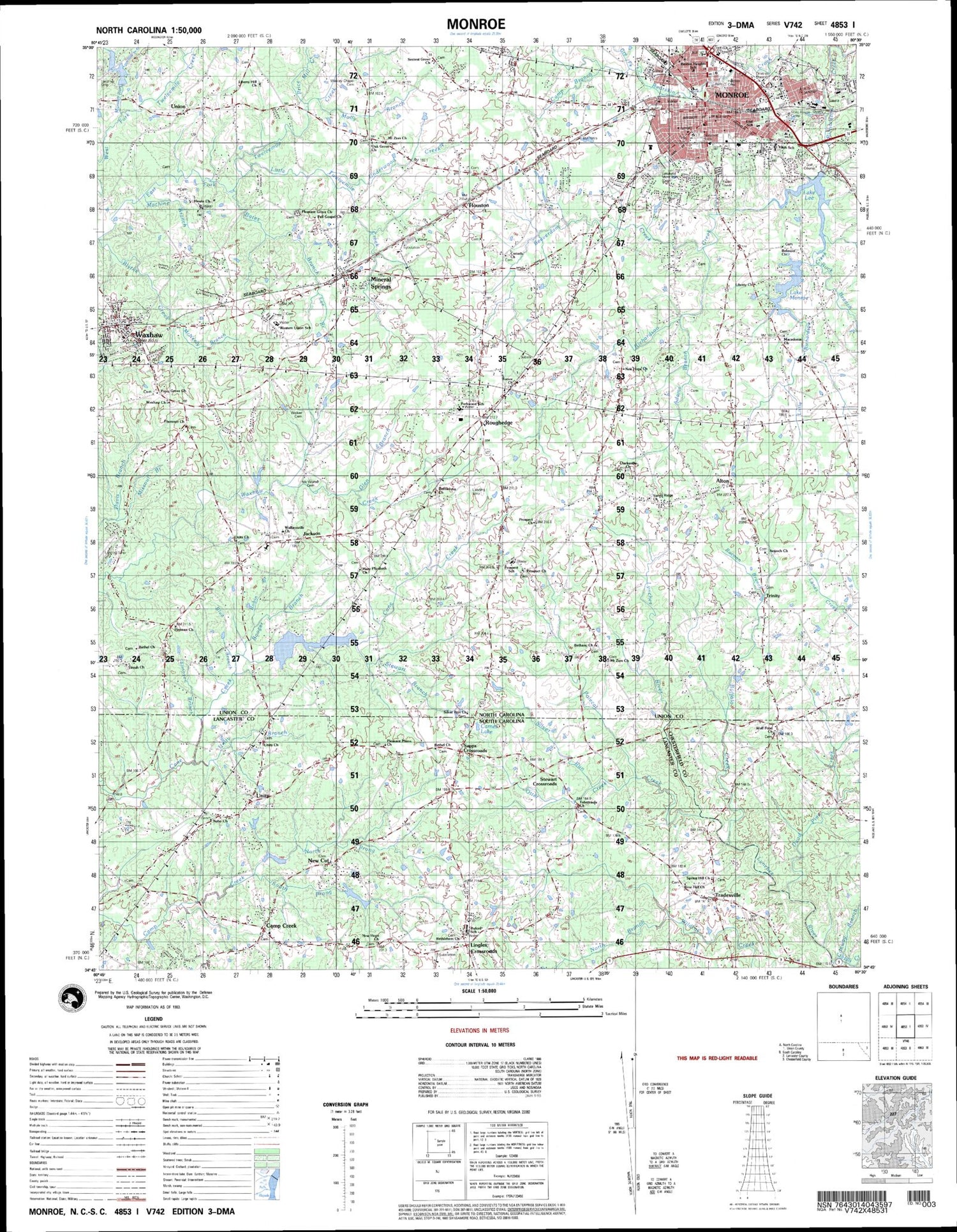 Monroe North Carolina Military 1:50,000 Map