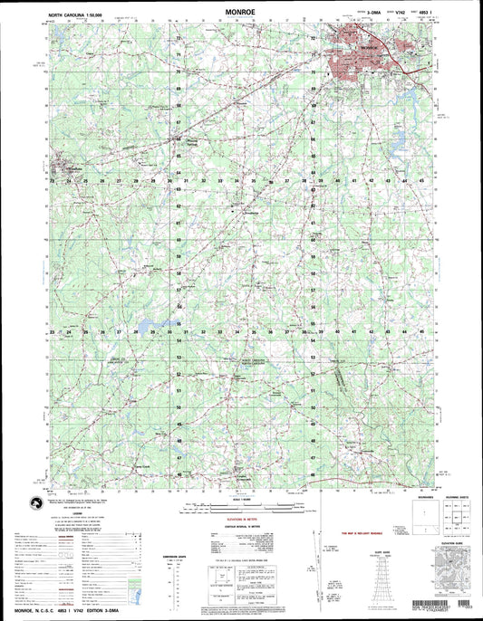 Monroe North Carolina Military 1:50,000 Map