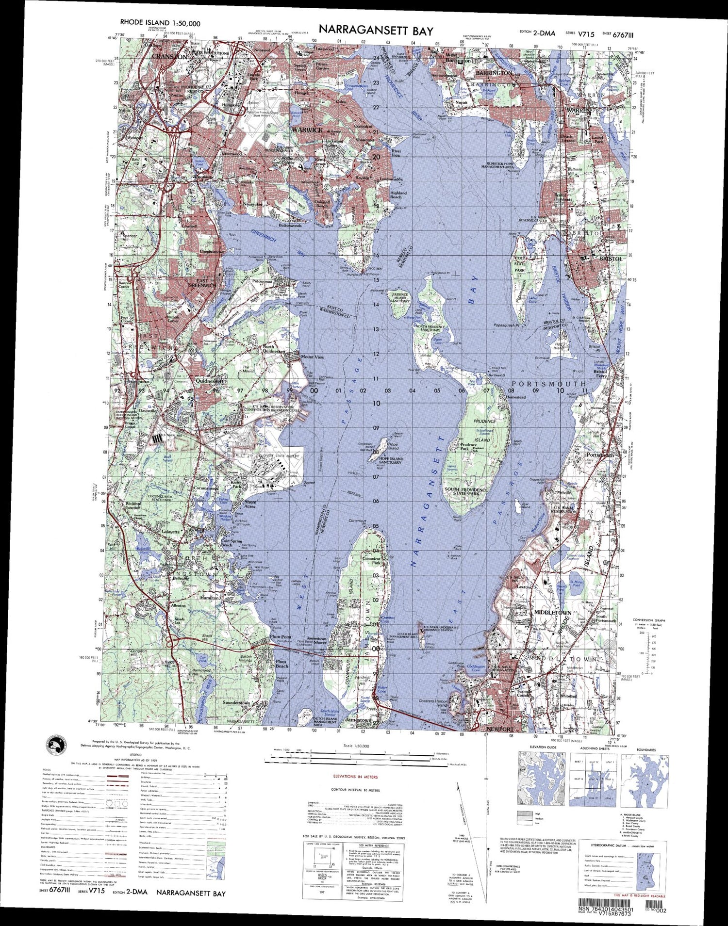 Narragansett Bay Rhode Island Military 1:50,000 Map