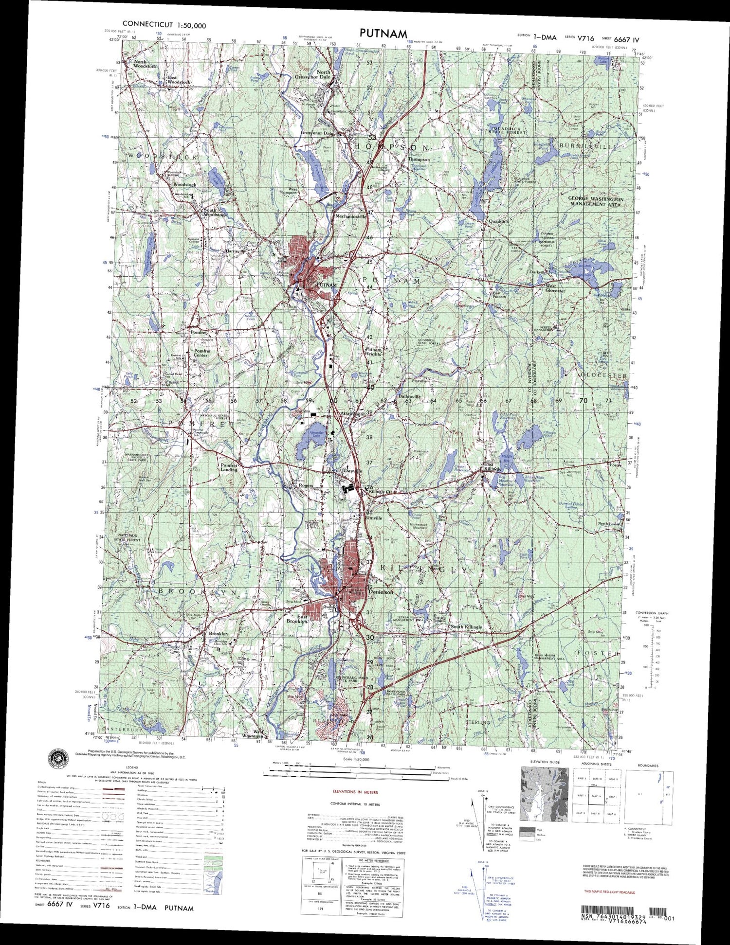 Putnam Connecticut Military 1:50,000 Map