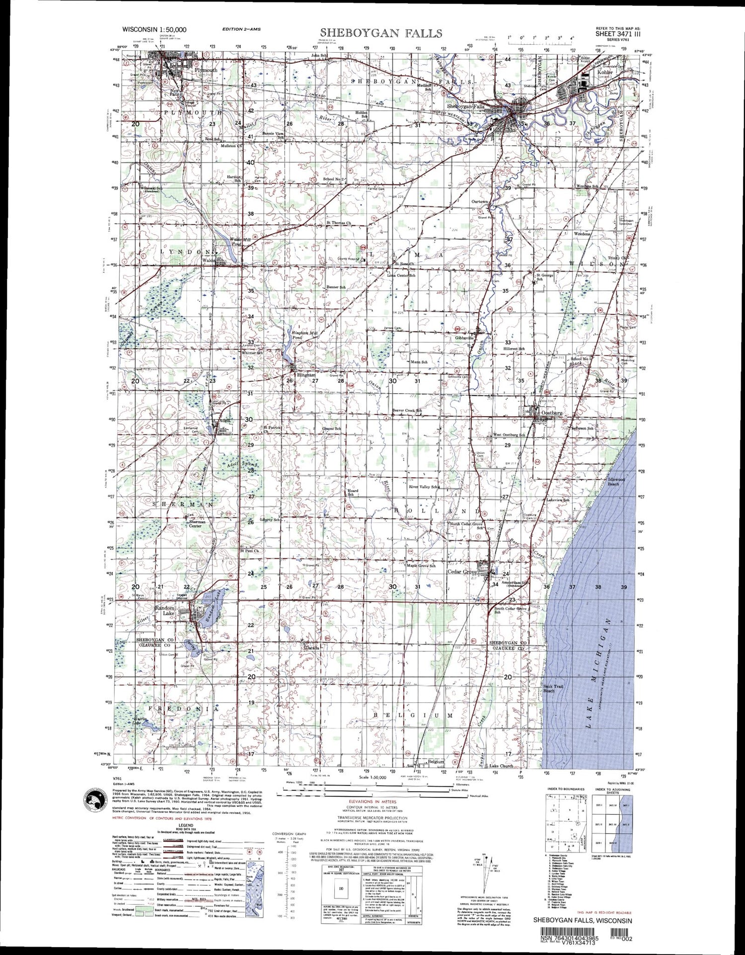 Sheboygan Falls Wisconsin Military 1:50,000 Map