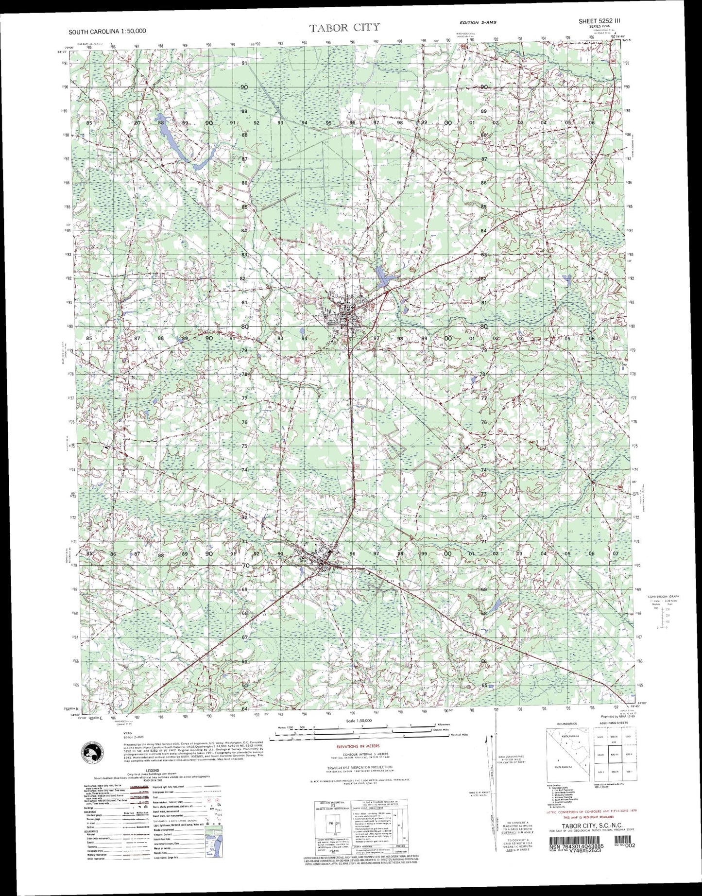 Tabor City South Carolina Military 1:50,000 Map