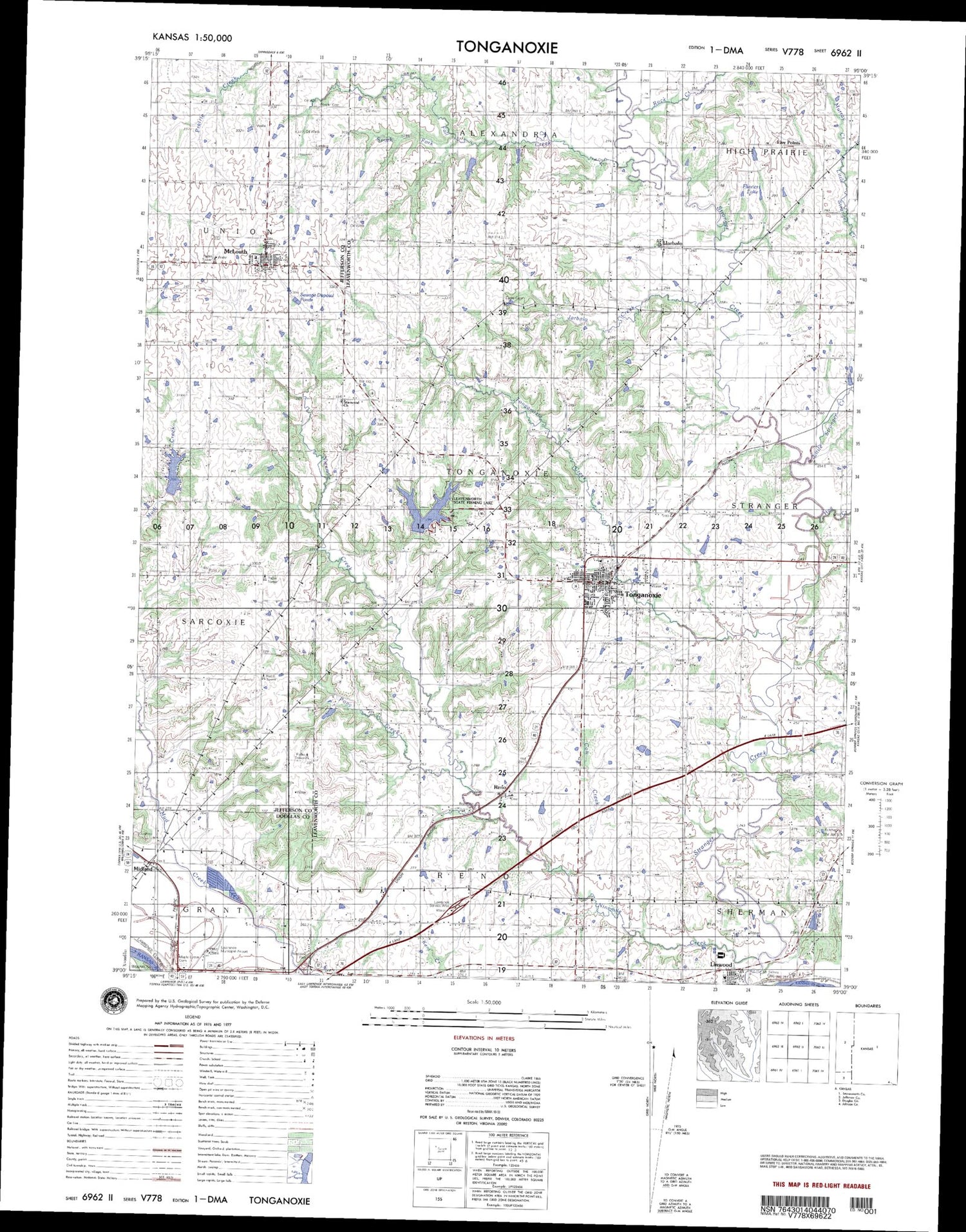 Tonganoxie Kansas Military 1:50,000 Map