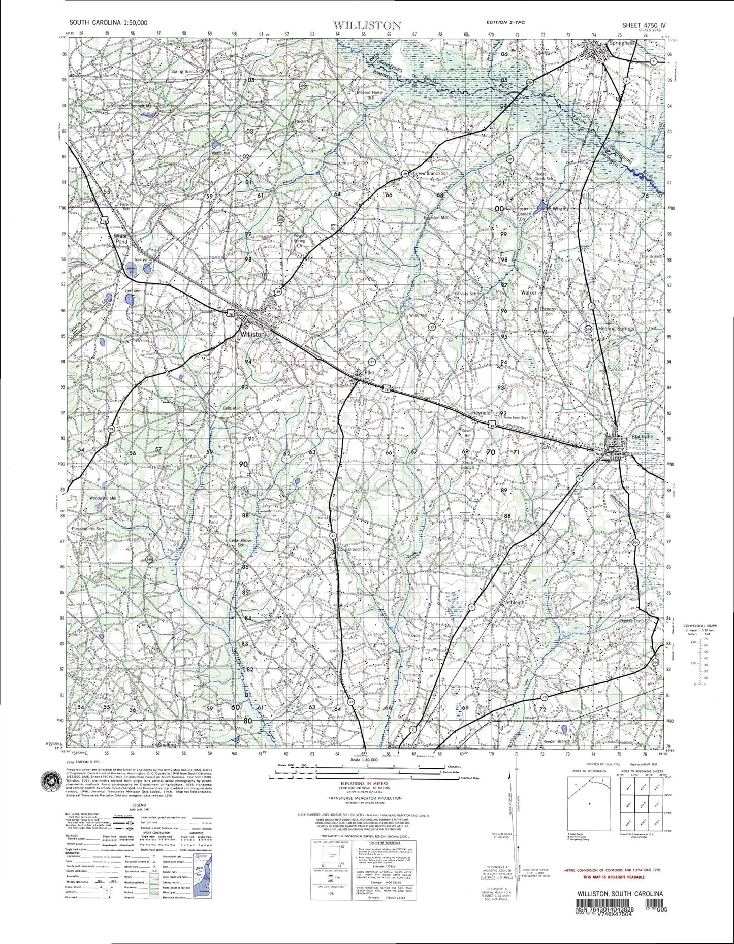 Williston South Carolina Military 1:50,000 Map