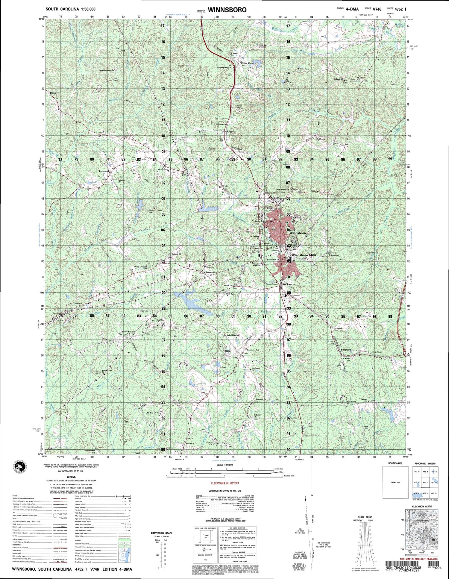 Winnsboro South Carolina Military 1:50,000 Map