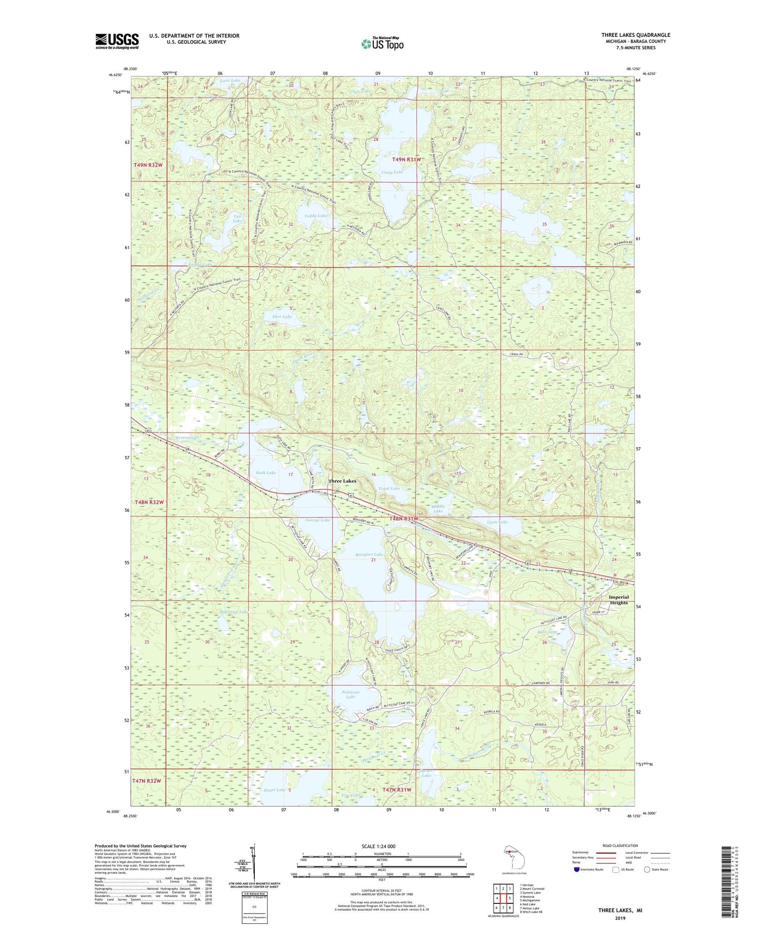 Three Lakes Michigan US Topo Map Image