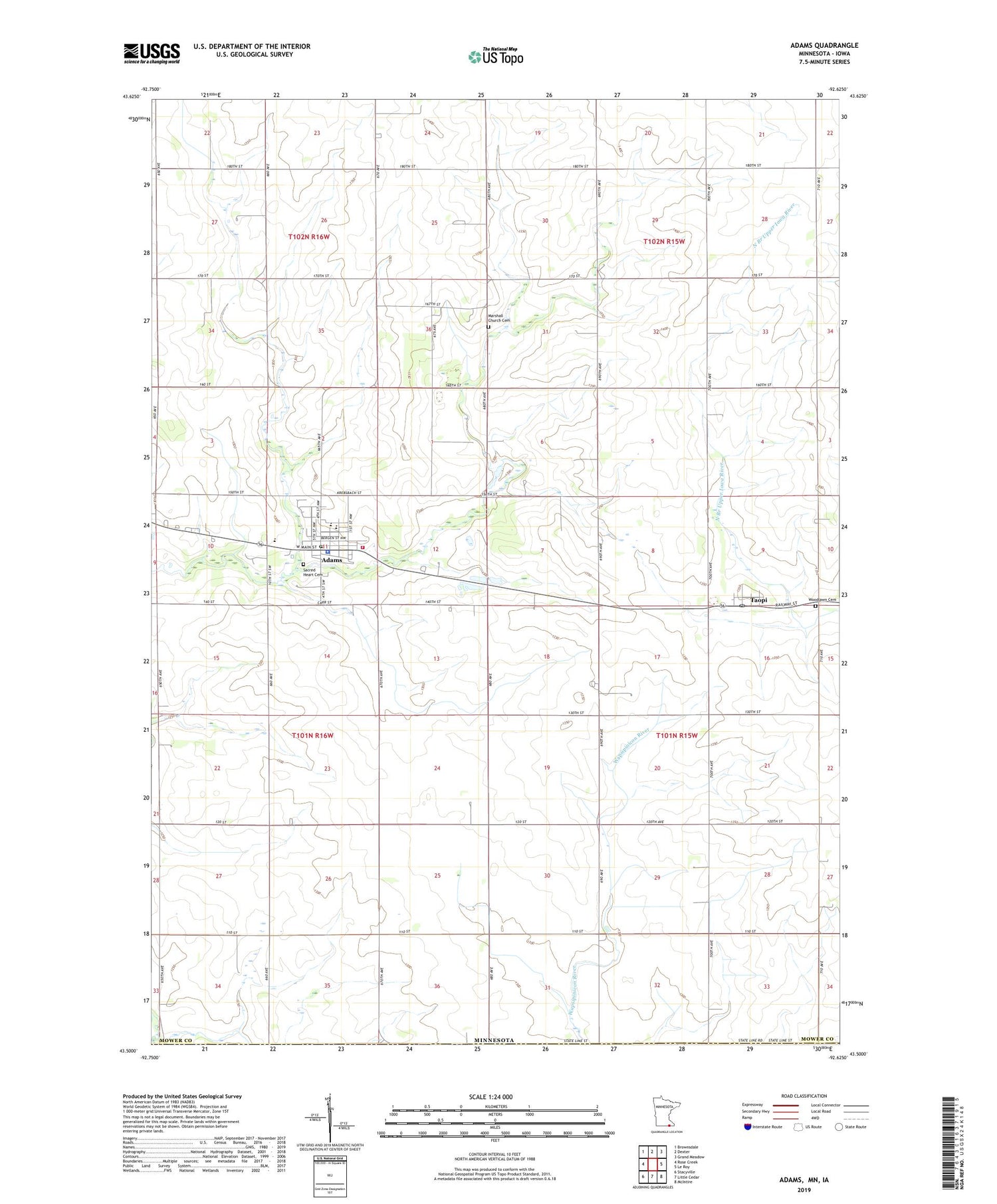 Adams Minnesota US Topo Map Image