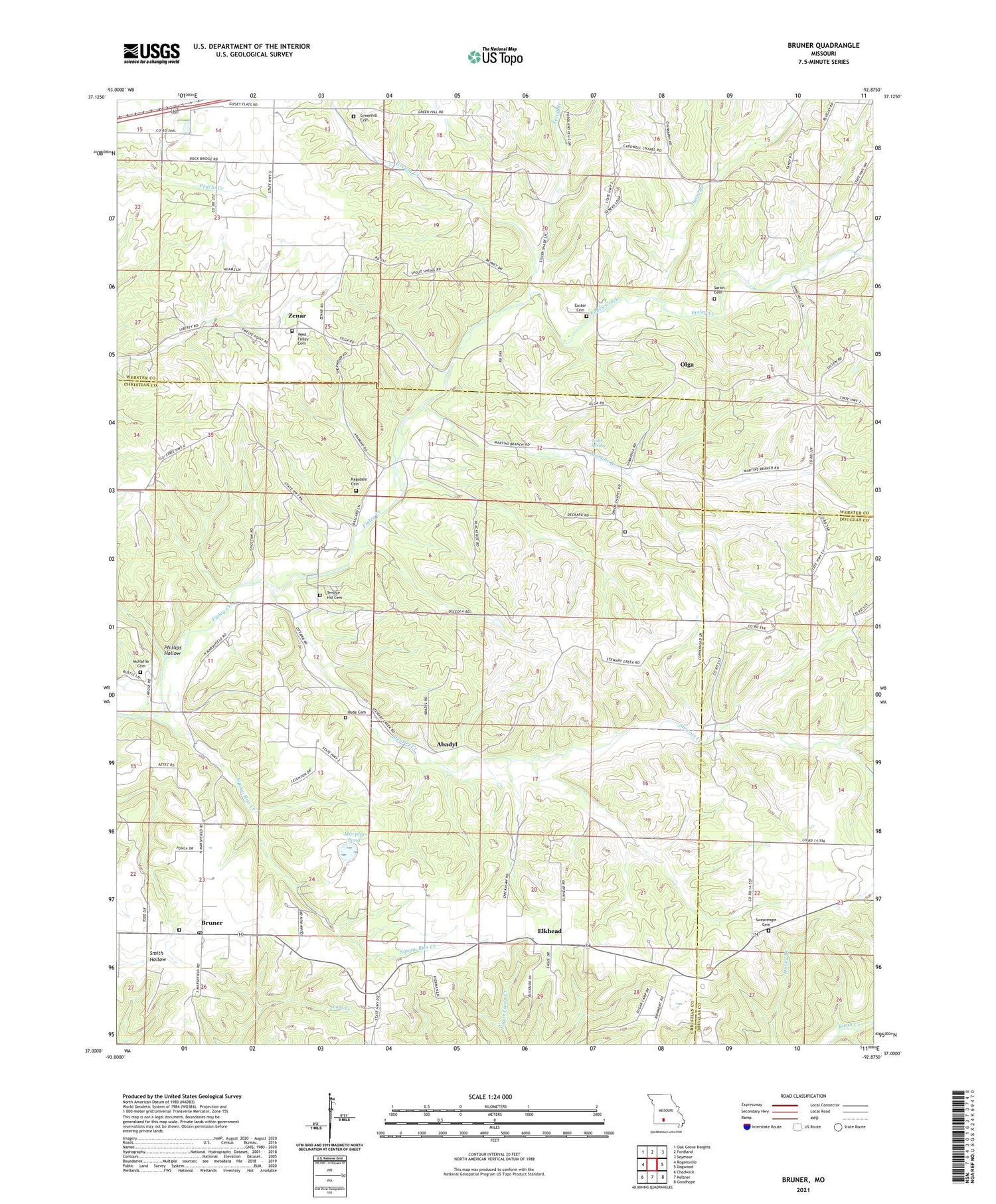 Bruner Missouri US Topo Map Image