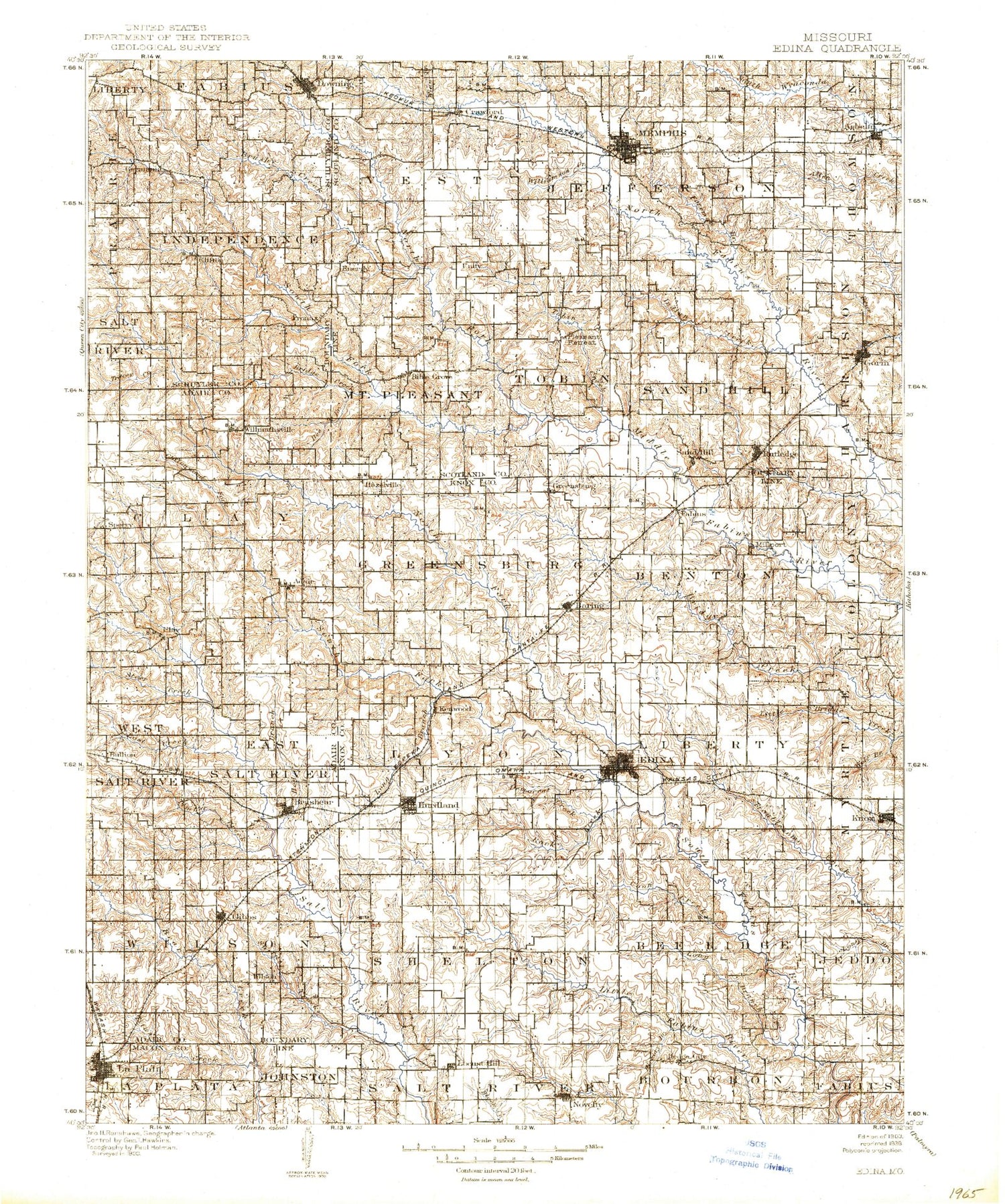 Historic 1903 Edina Missouri 30'x30' Topo Map Image