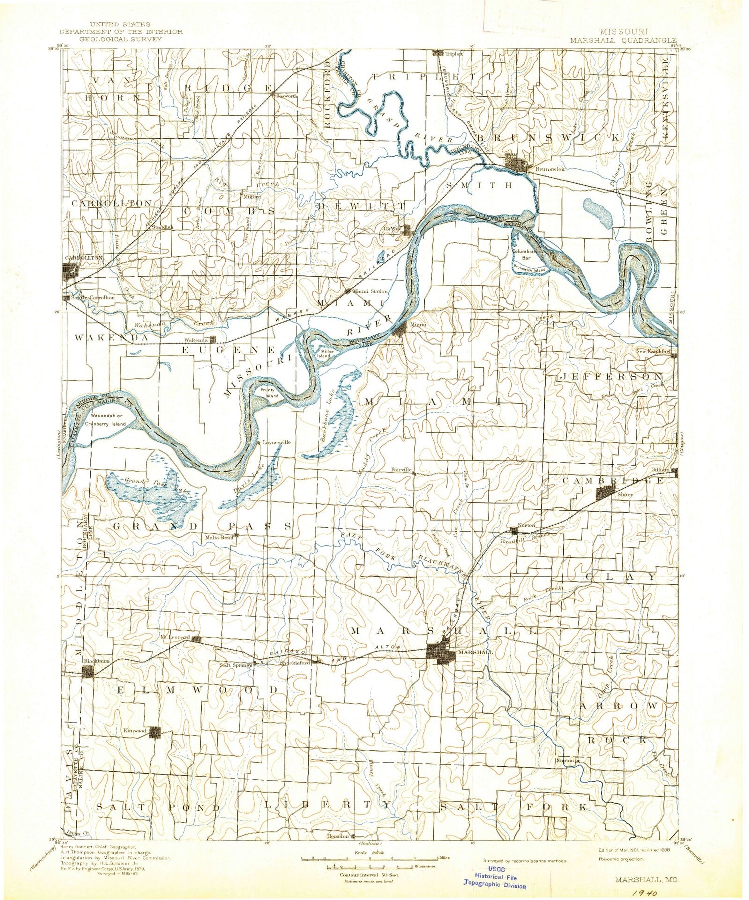 Historic 1901 Marshall Missouri 30'x30' Topo Map Image