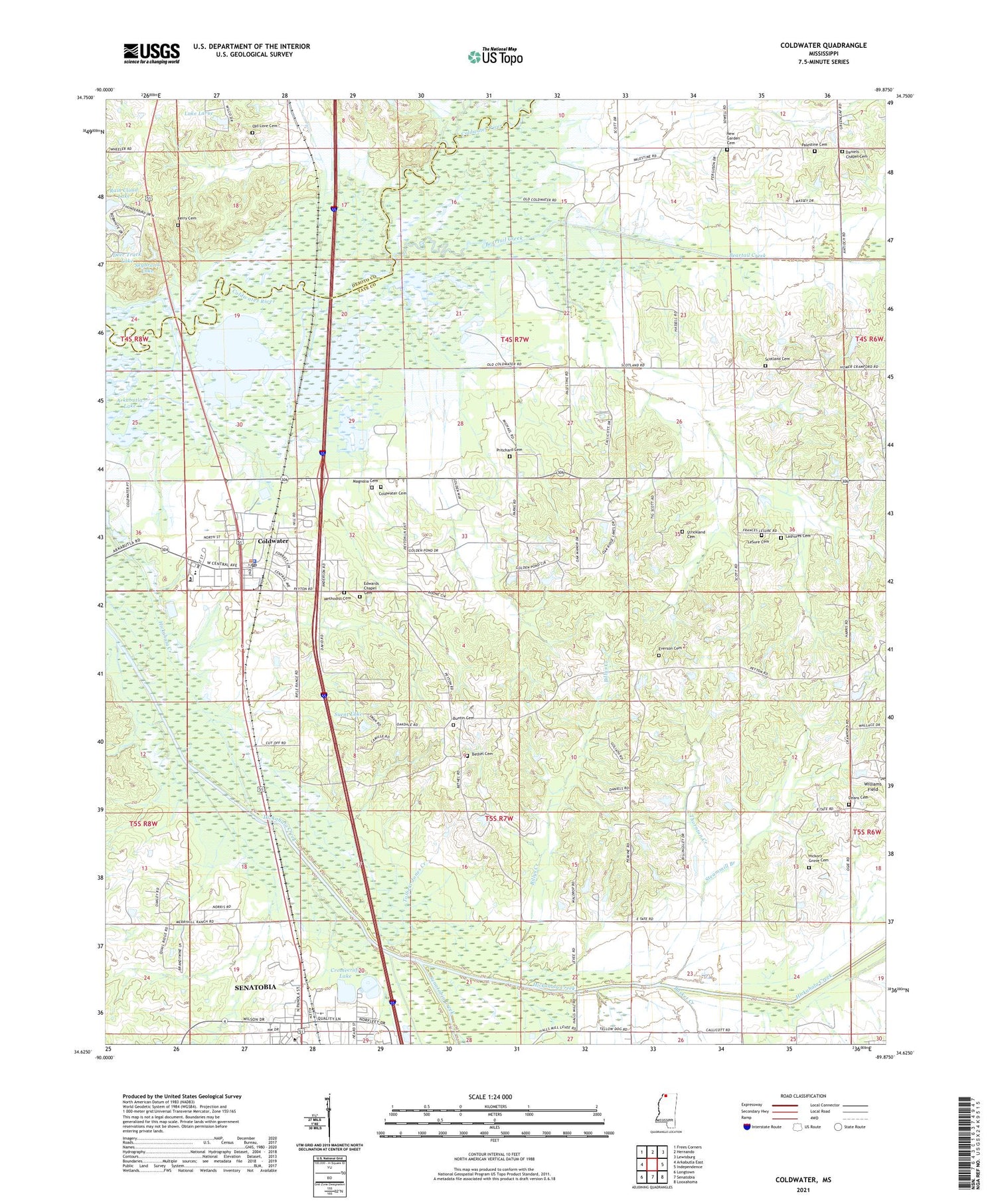 Coldwater Mississippi US Topo Map Image