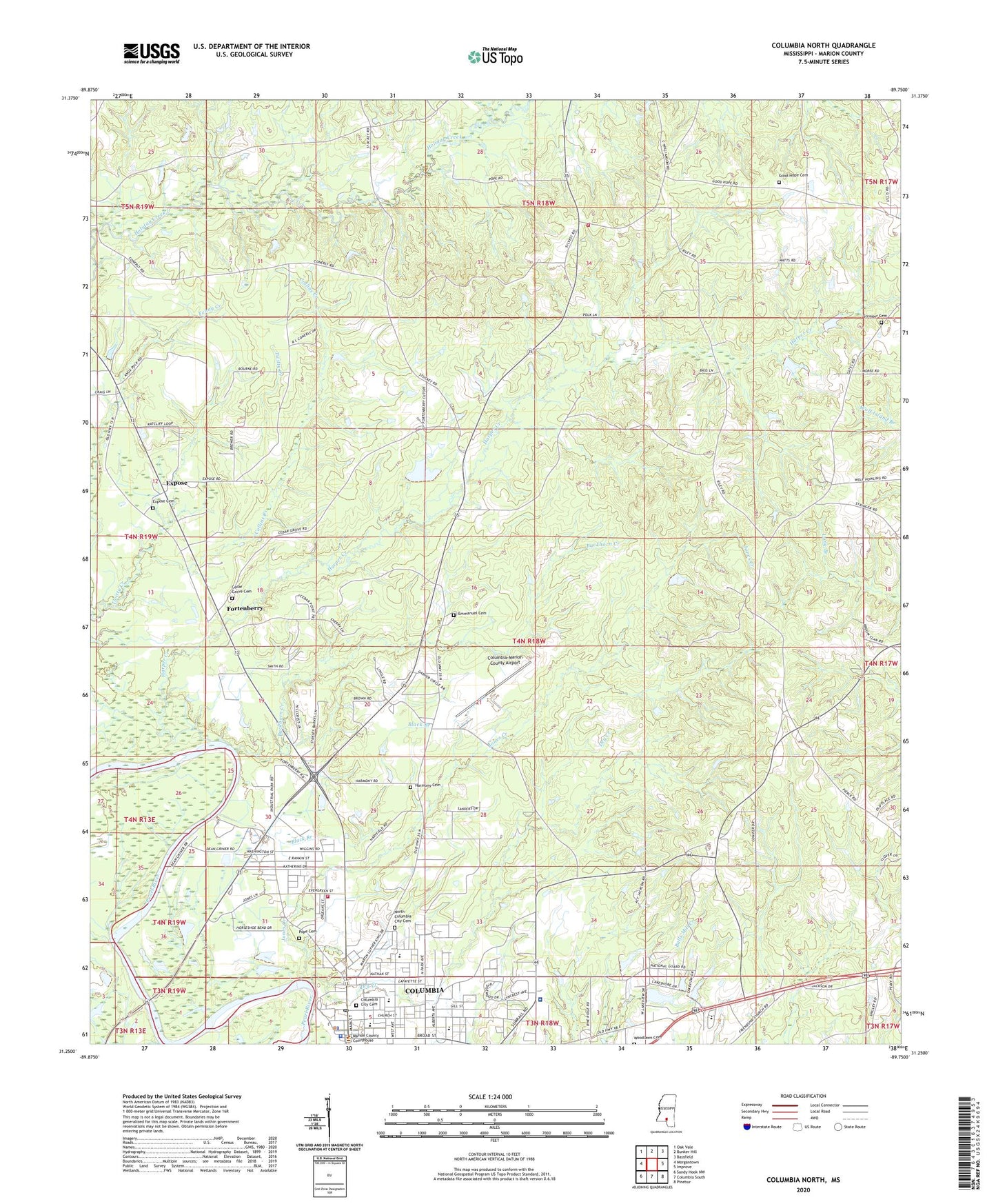 Columbia North Mississippi US Topo Map Image