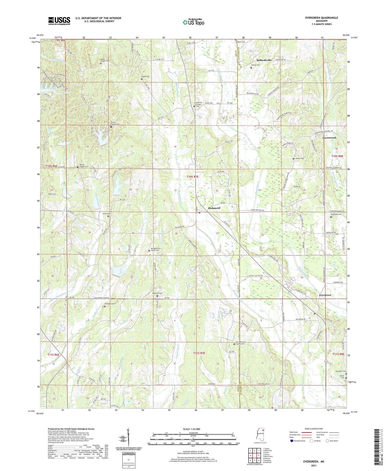 Evergreen Mississippi US Topo Map Image