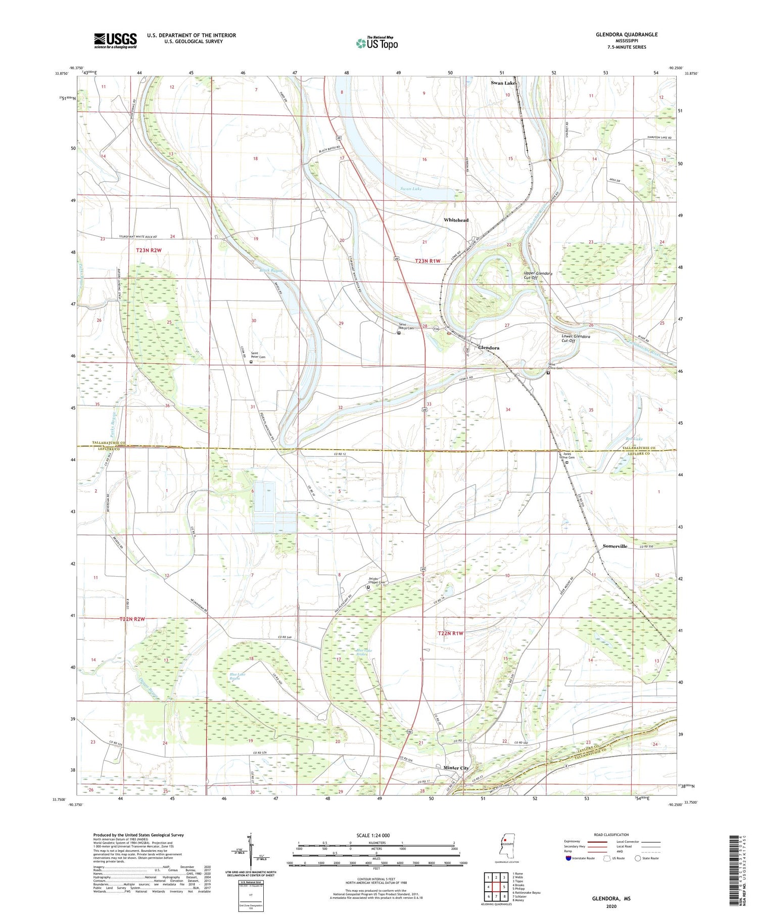 Glendora Mississippi US Topo Map Image
