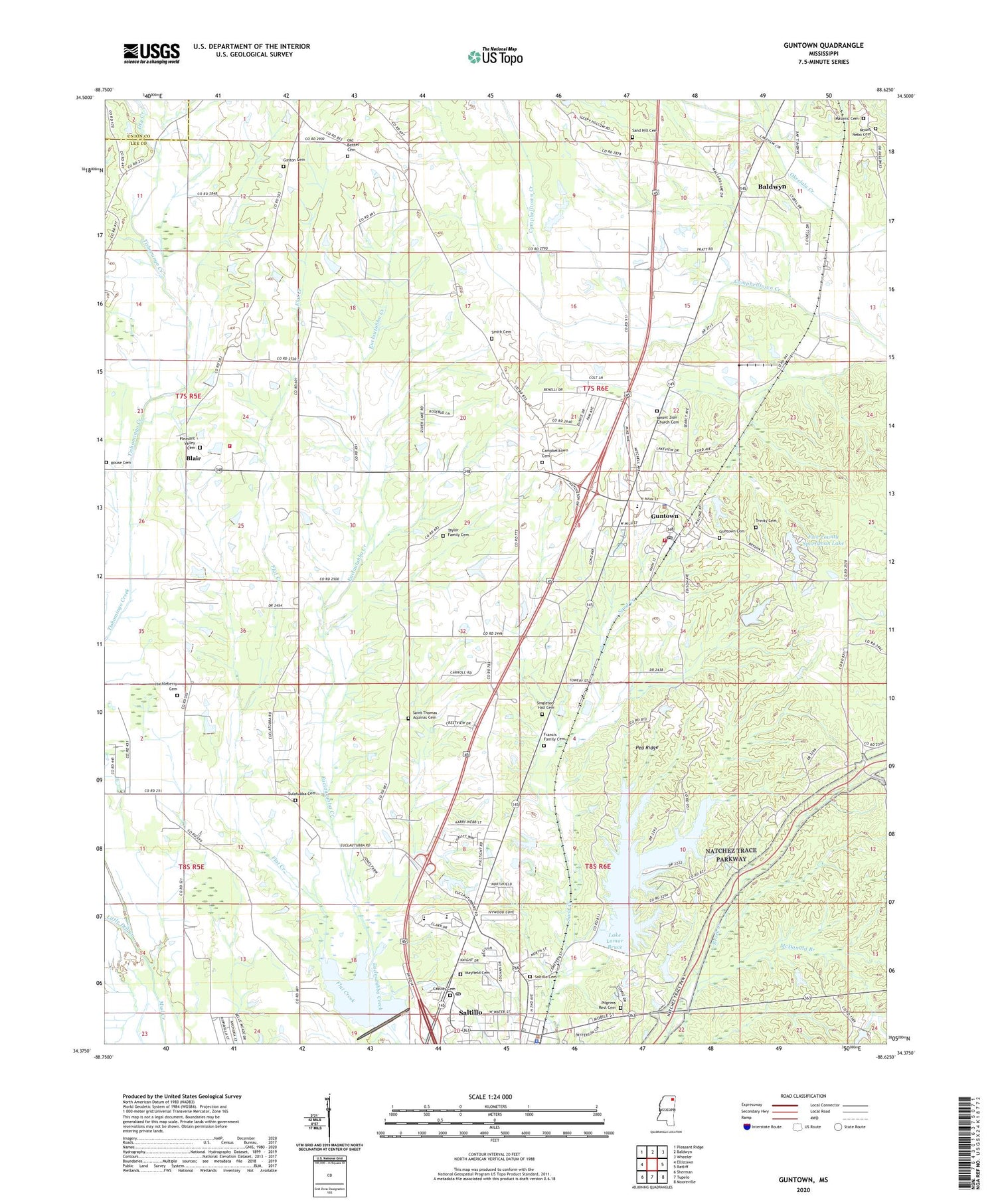 Guntown Mississippi US Topo Map Image