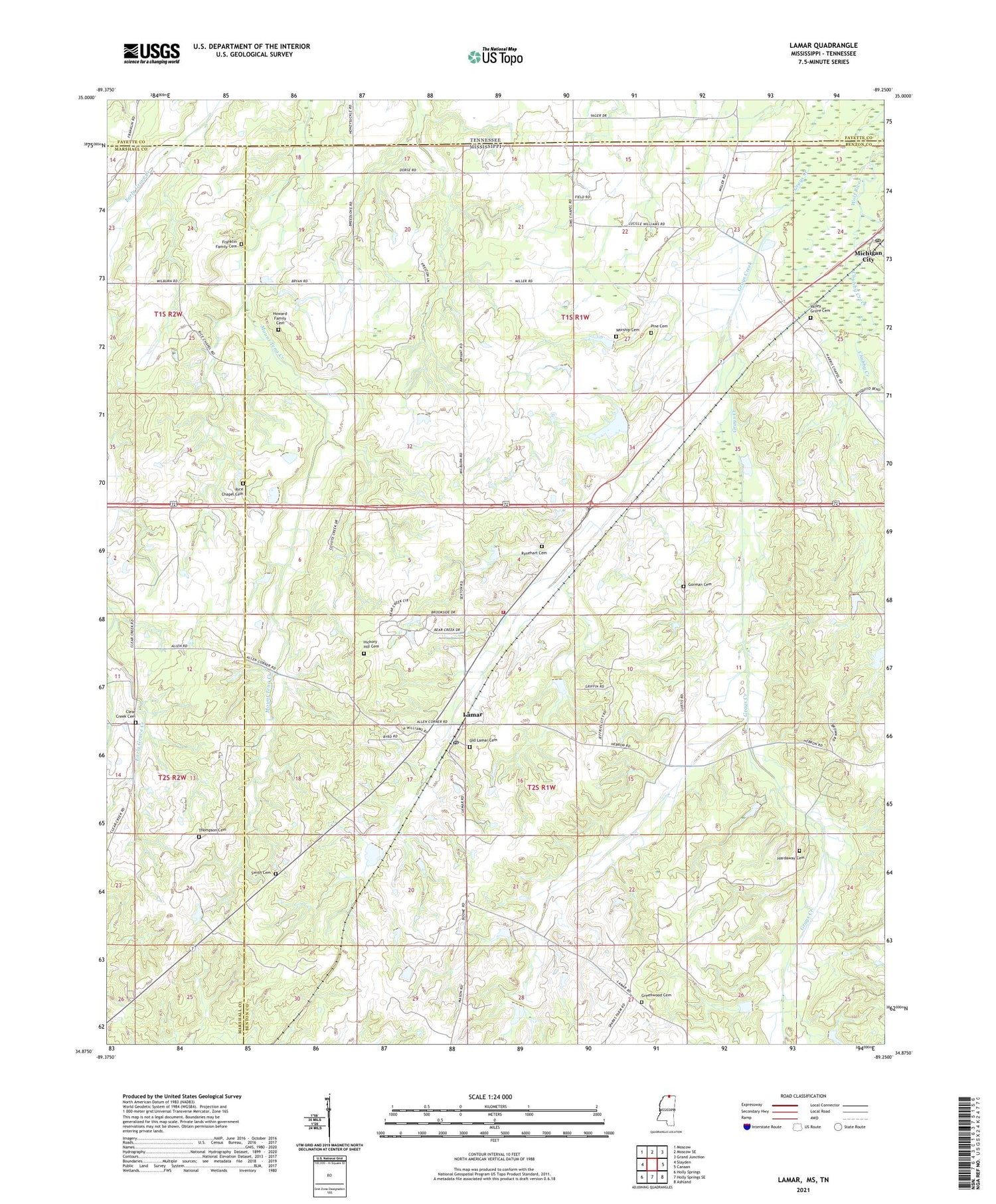 Lamar Mississippi US Topo Map Image