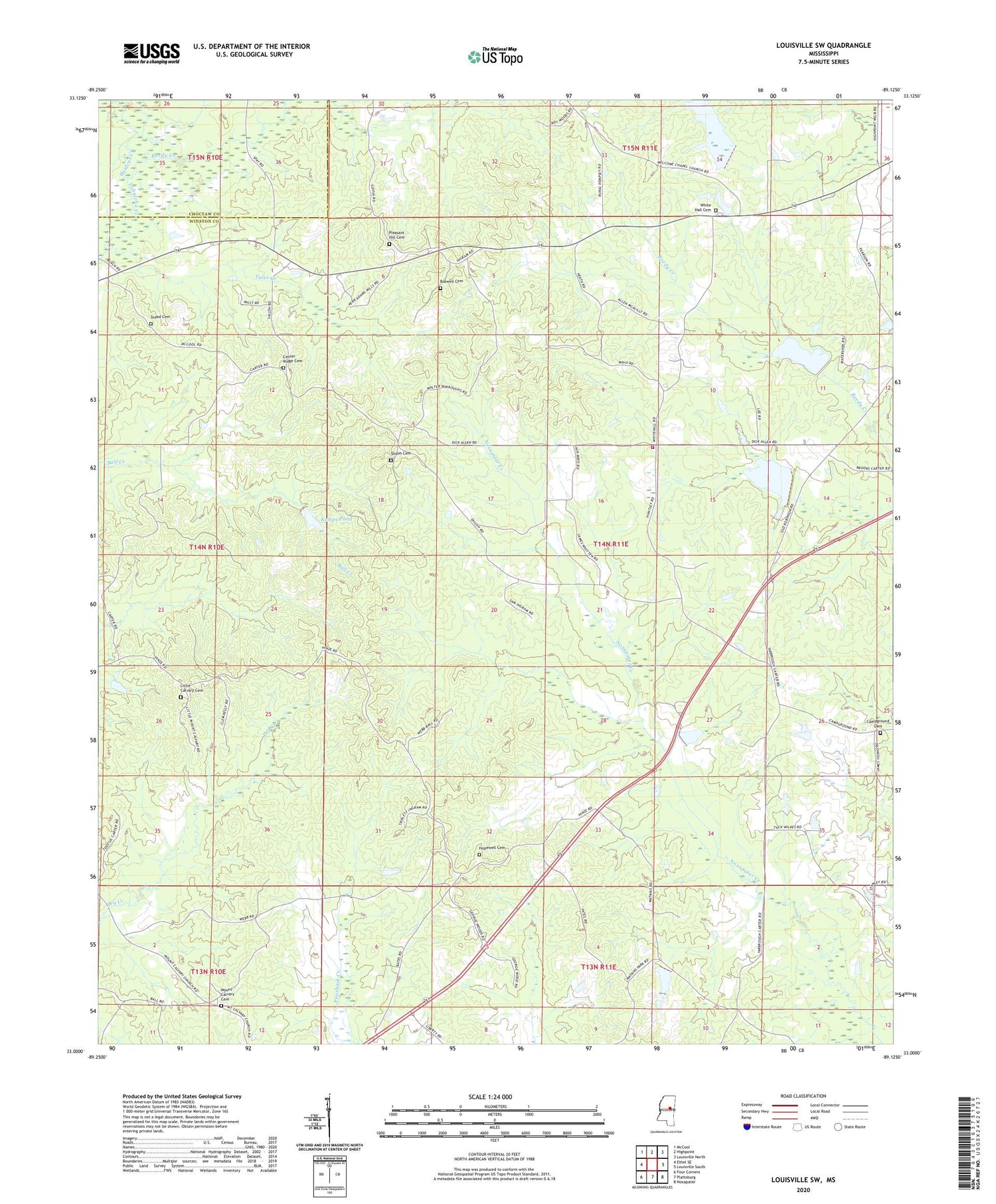 Louisville SW Mississippi US Topo Map Image