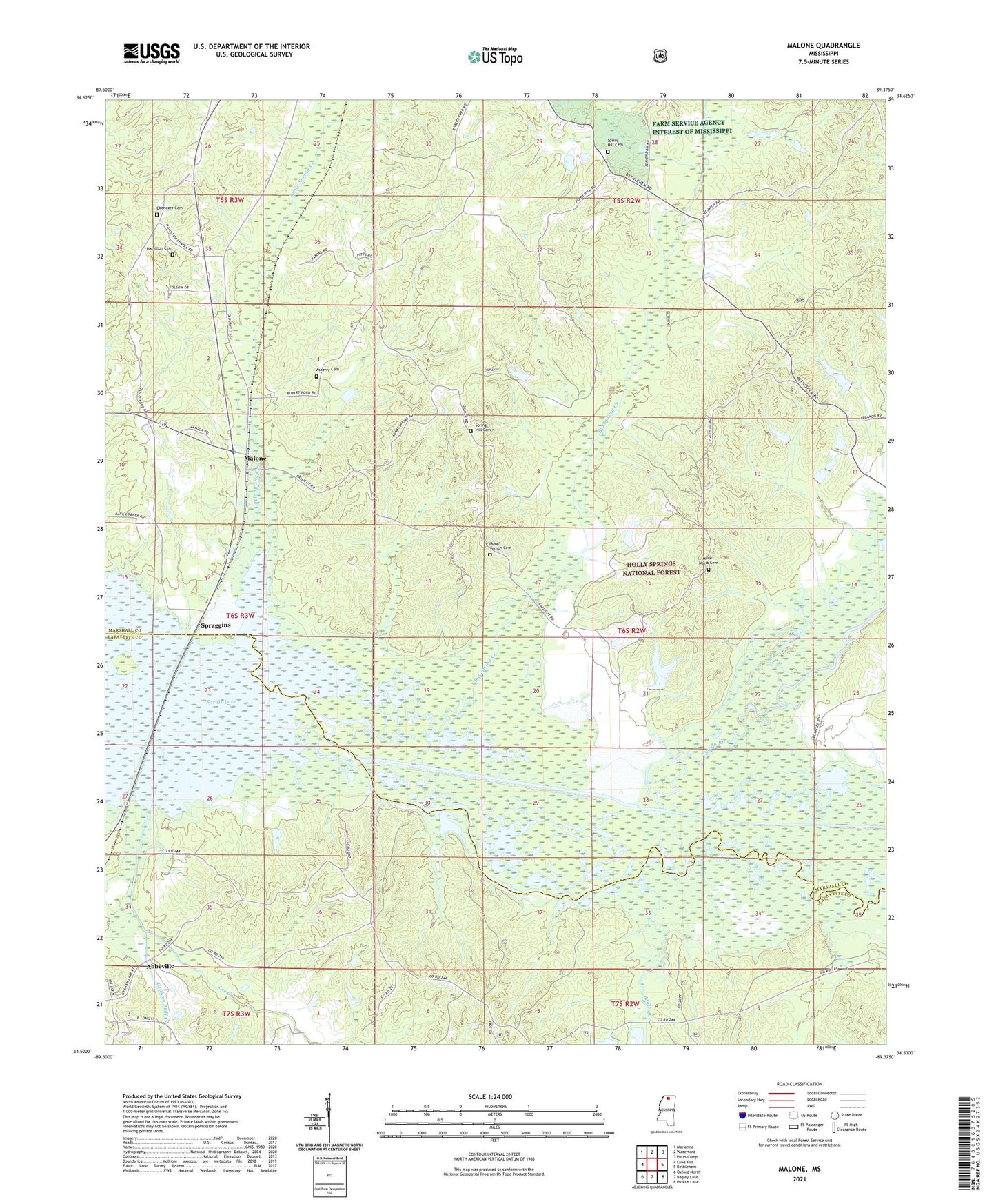 Malone Mississippi US Topo Map Image