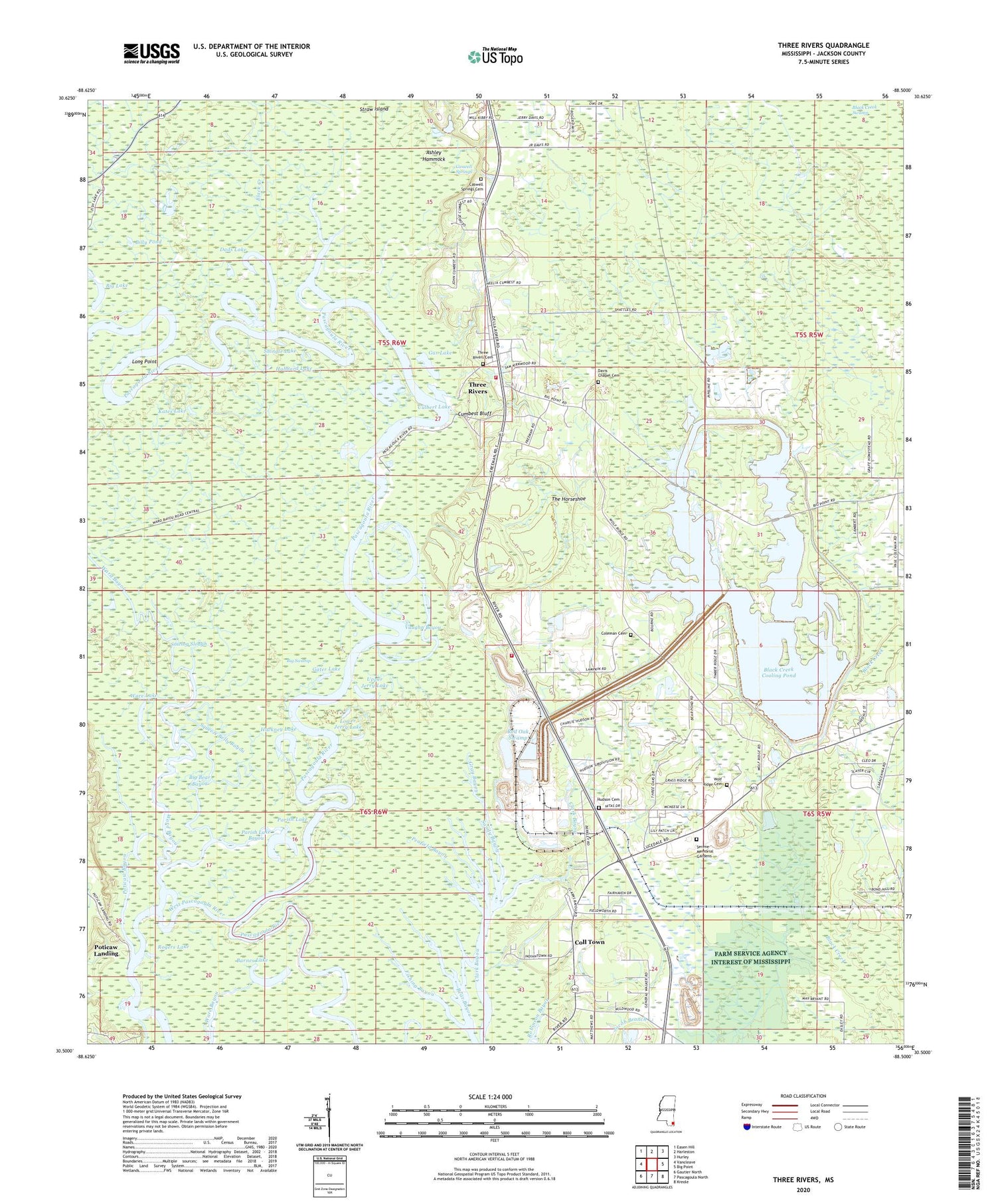 Three Rivers Mississippi US Topo Map Image